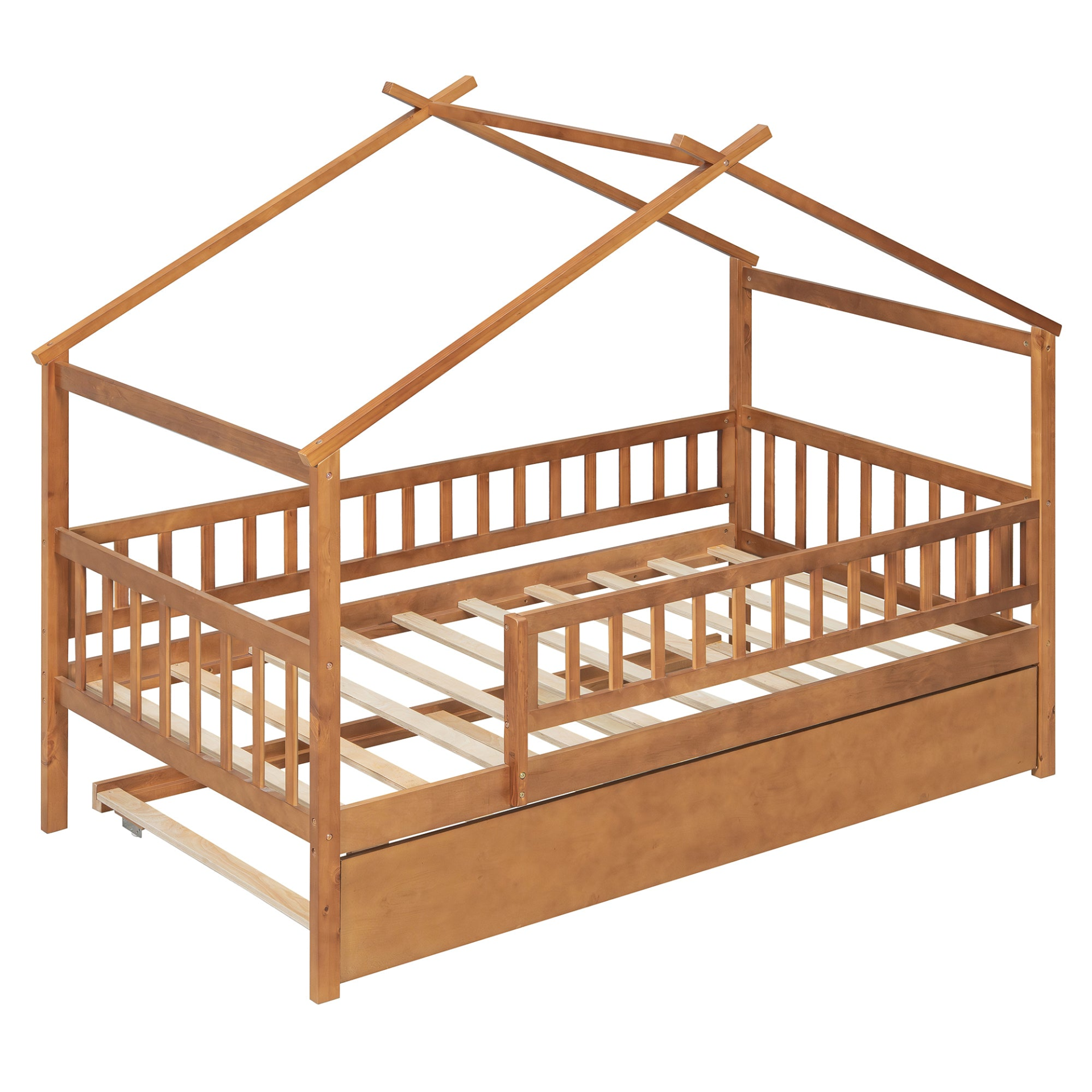 Twin size wooden house bed with trundle, solid wood frame, platform design by Start2Finish, perfect for children&