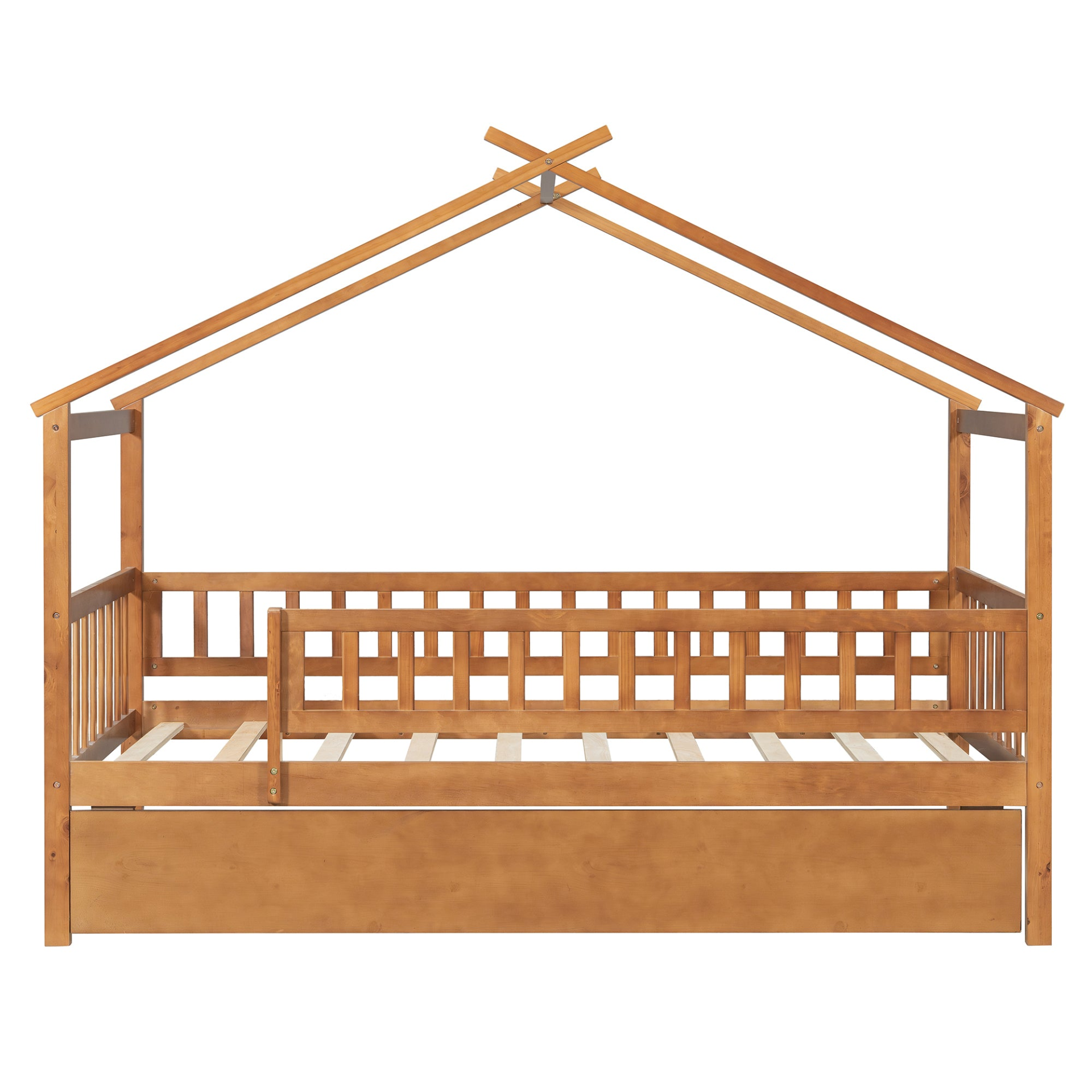 Twin size wooden house bed with trundle and solid wood frame, ideal for children&