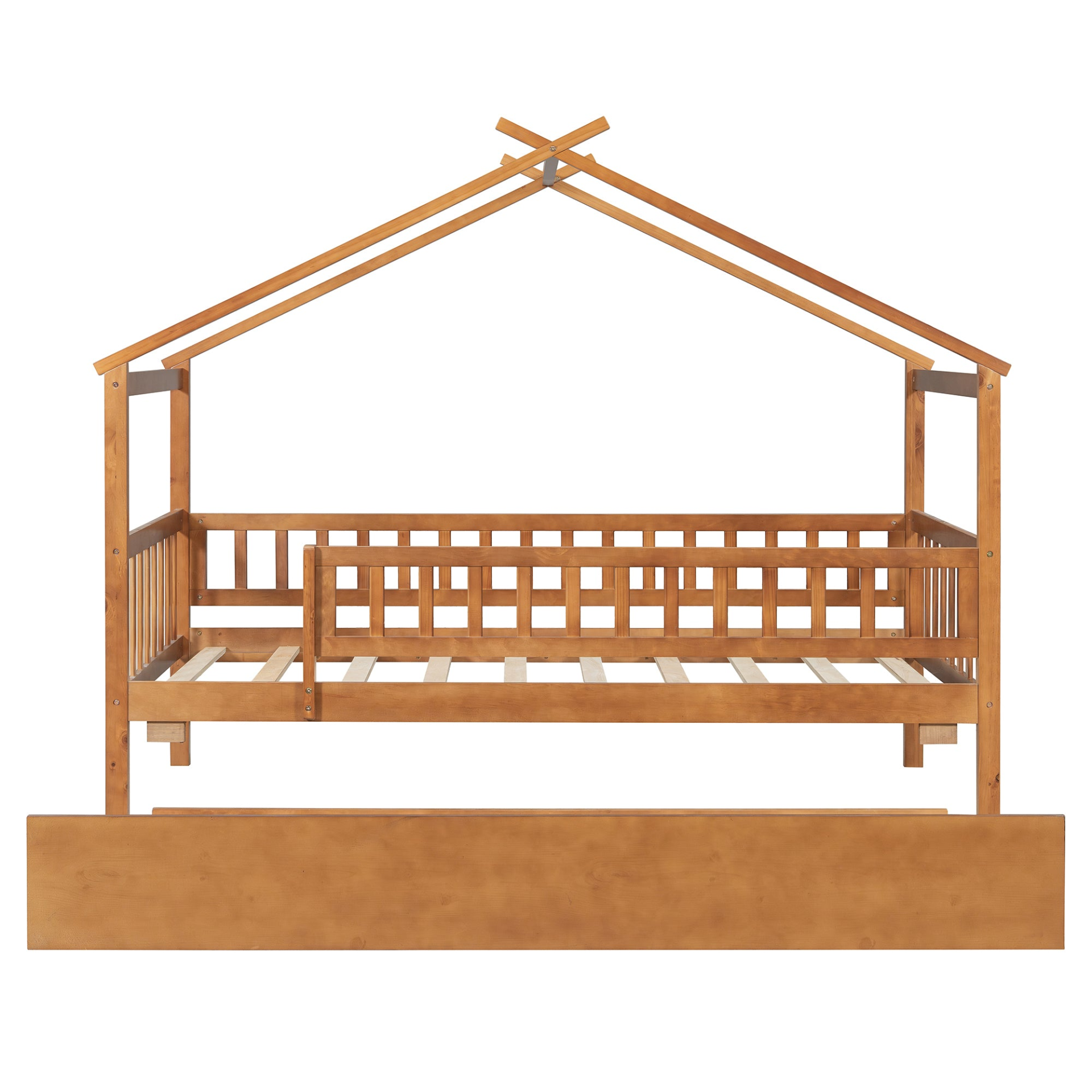 Twin size wooden house bed with trundle and solid wood frame, featuring a platform design suitable for children&