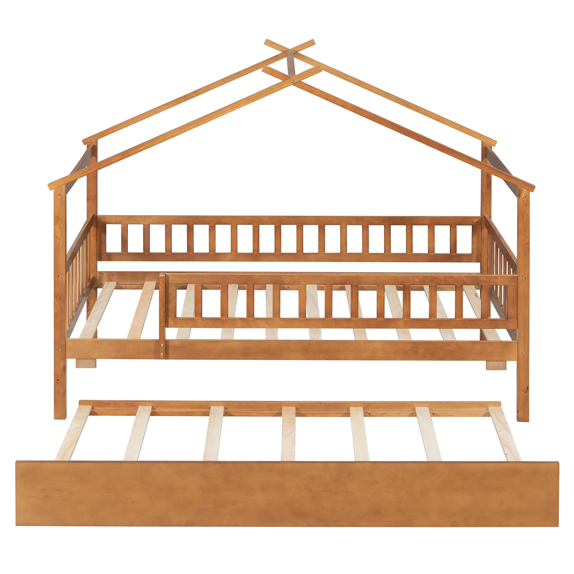 Twin size wooden house bed with trundle, solid wood frame, platform design, featuring a cozy house-shaped headboard and natural wood finish.