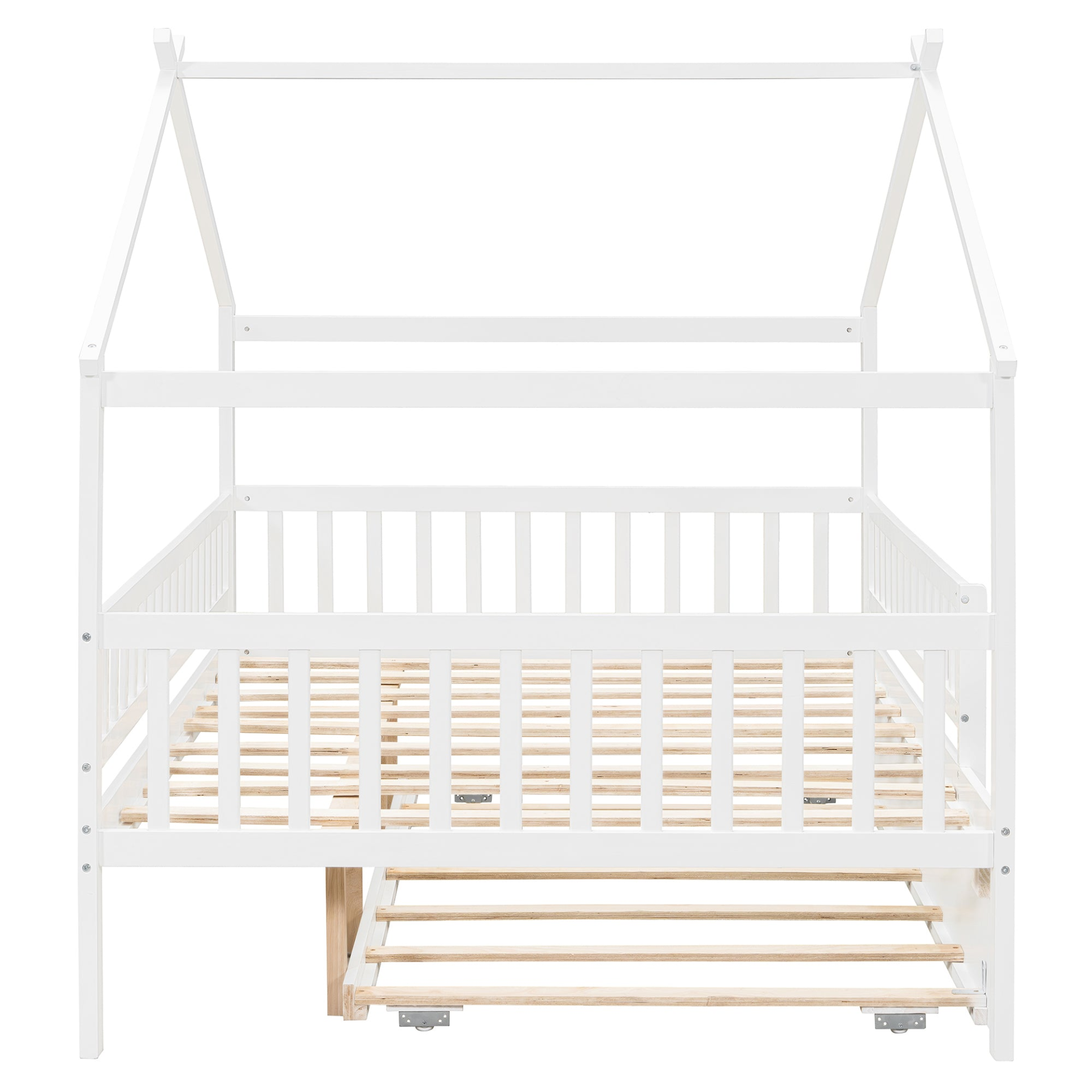 Wooden house-style bed frame by Start2Finish with pull-out trundle drawer and slatted support, shown in natural wood finish.