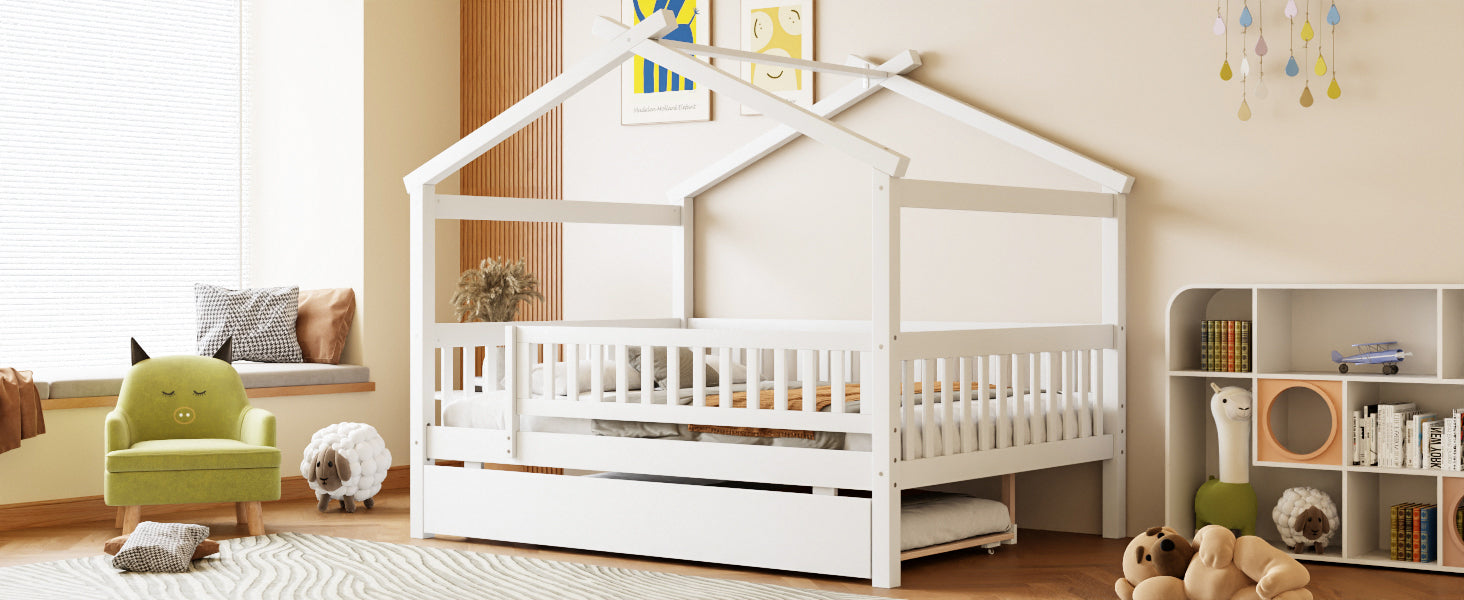 Start2Finish wooden house-style bed frame with pull-out trundle drawer and slatted support, shown in a cozy bedroom setting.