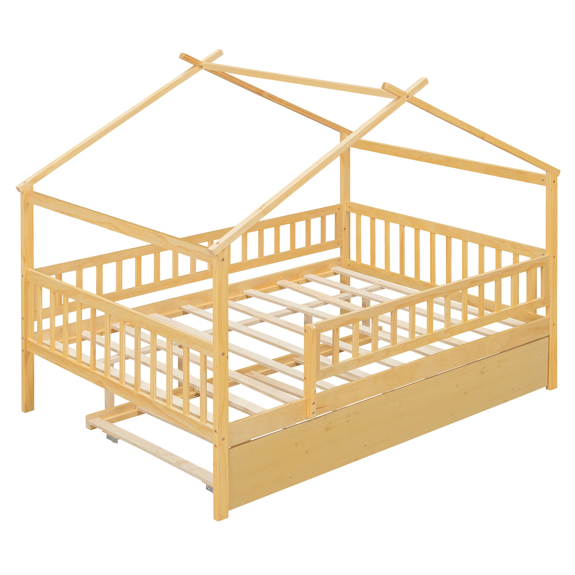 Start2Finish wooden house-style bed frame with pull-out trundle drawer and slatted support for kids&