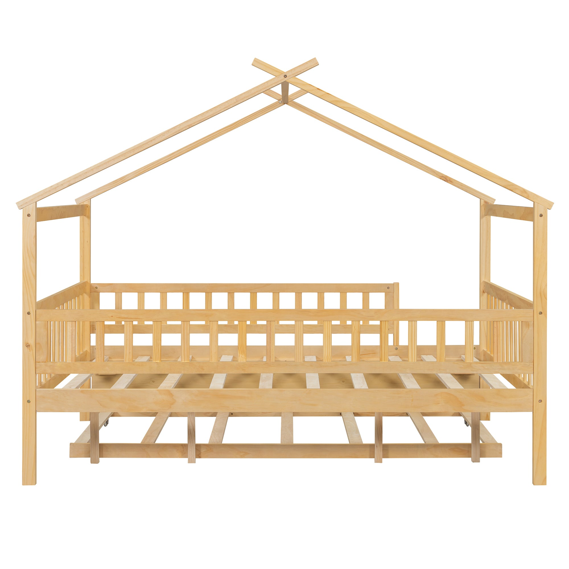 Wooden house-style bed frame with pull-out trundle drawer and slatted support, by Start2Finish, shown with mattress and bedding