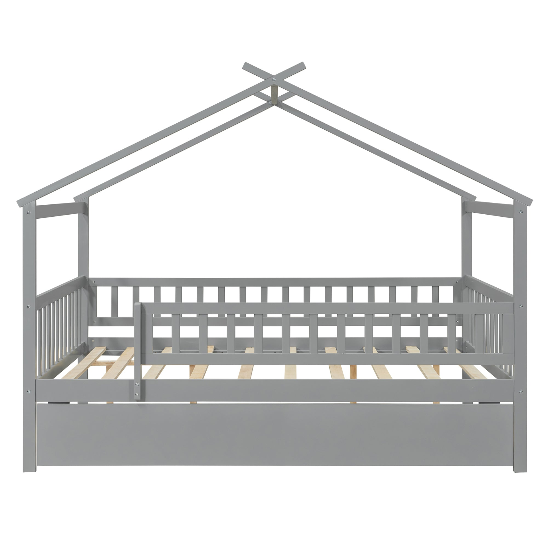 Wooden house-style bed frame with pull-out trundle drawer and slatted support, by Start2Finish, shown with mattress and bedding.