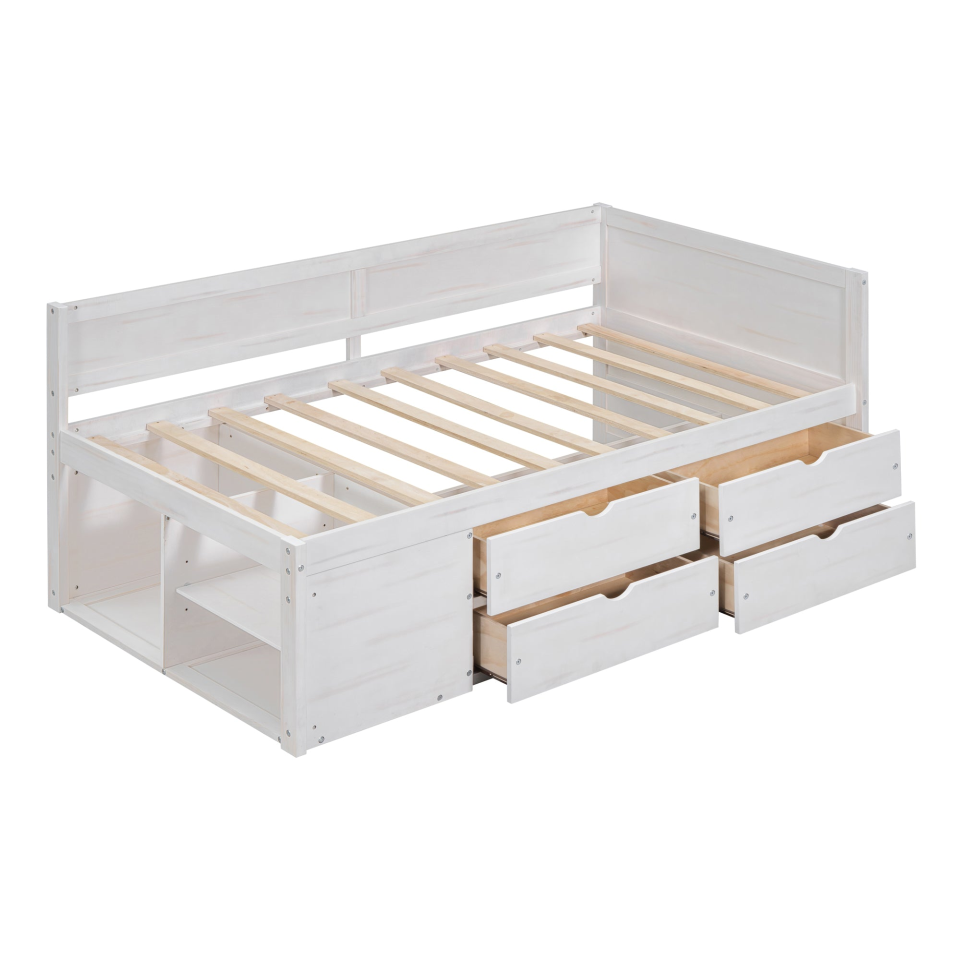 Twin size Start2Finish daybed with built-in drawers and shelves, featuring integrated storage and shelving in a modern design.