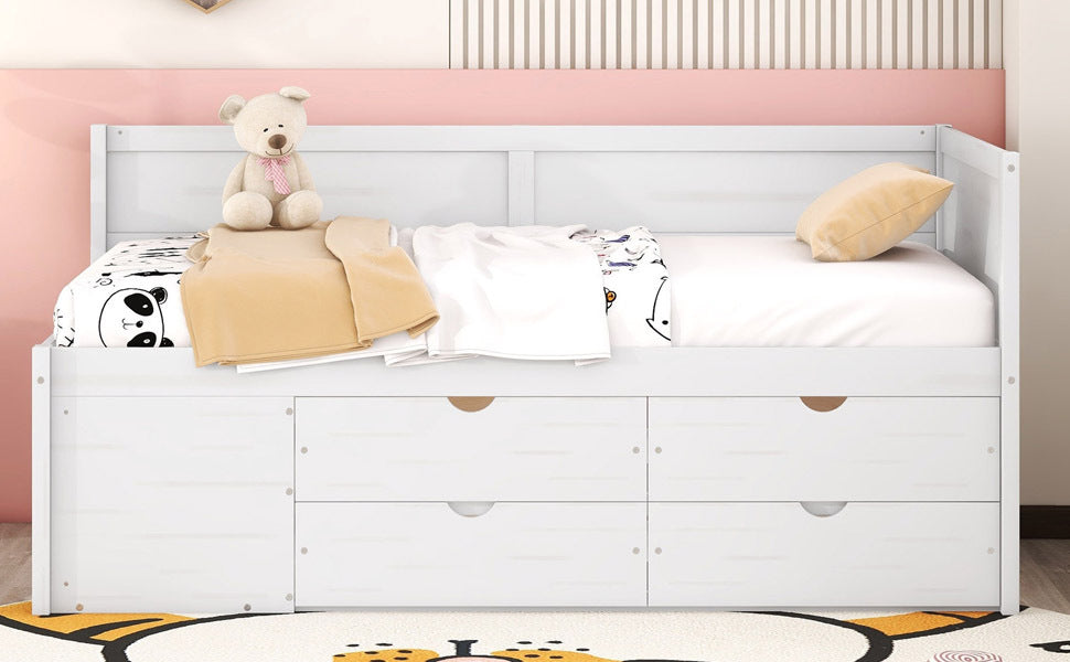 Start2Finish twin size daybed with drawers, built-in shelving, and storage compartments in a modern bedroom setting.