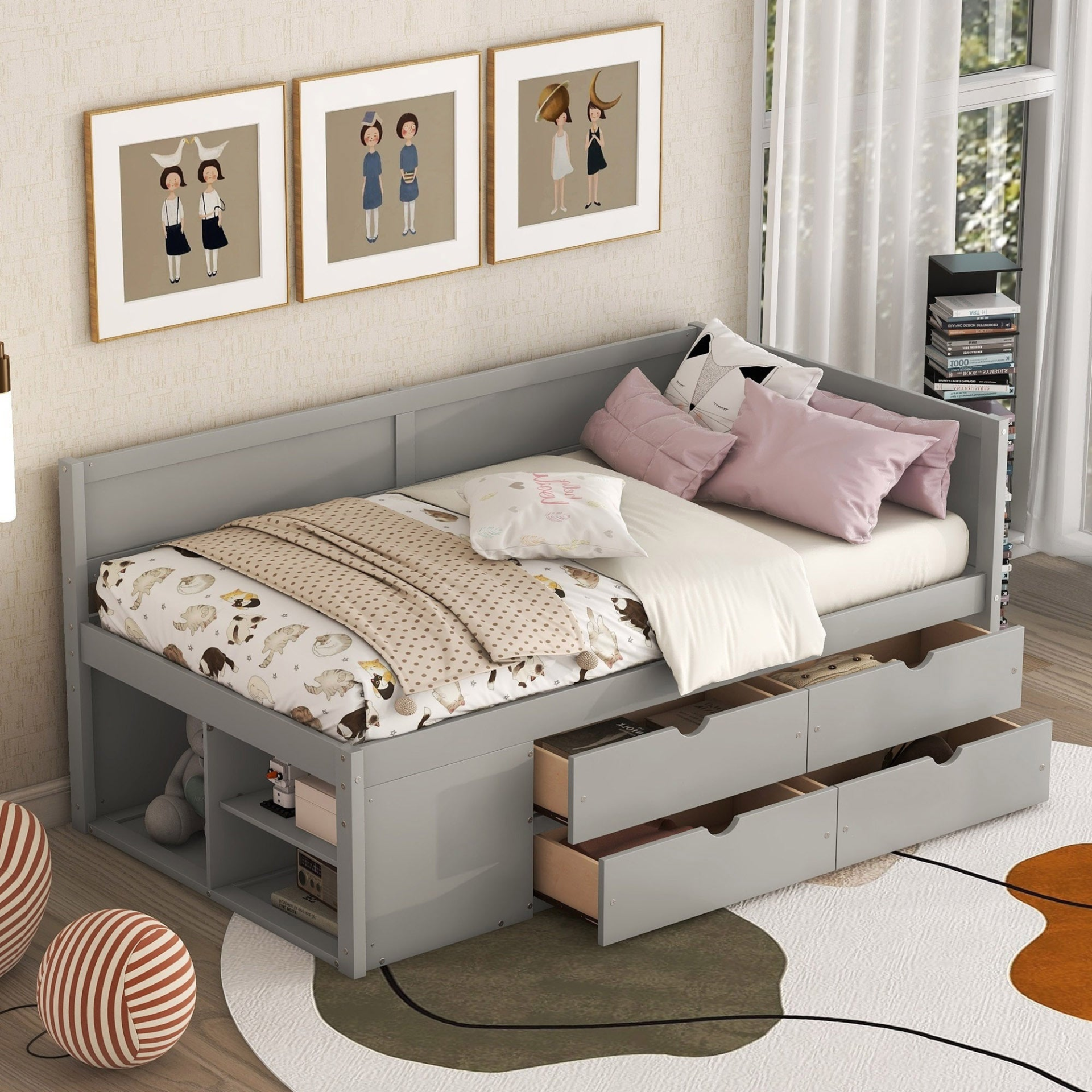 Twin size Start2Finish daybed with built-in drawers and shelves, featuring integrated storage and shelving for bedroom organization.