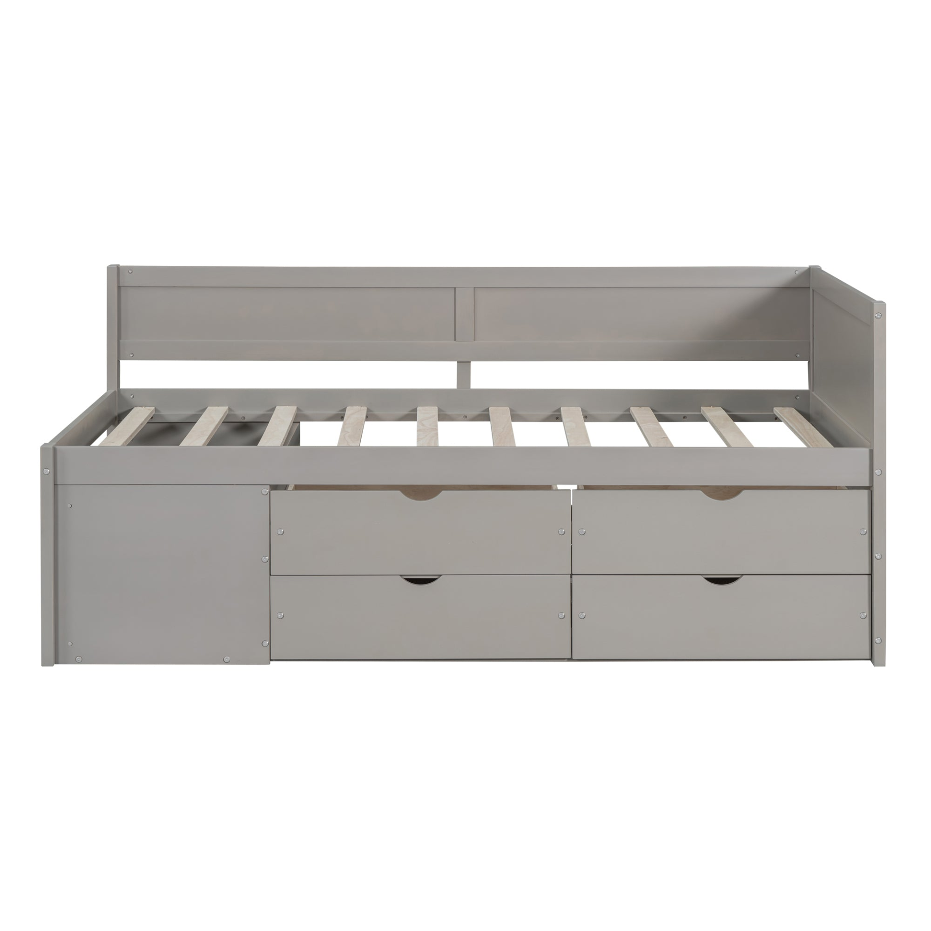 Twin size Start2Finish daybed with built-in drawers and shelves, featuring integrated storage and shelving for space-saving comfort.