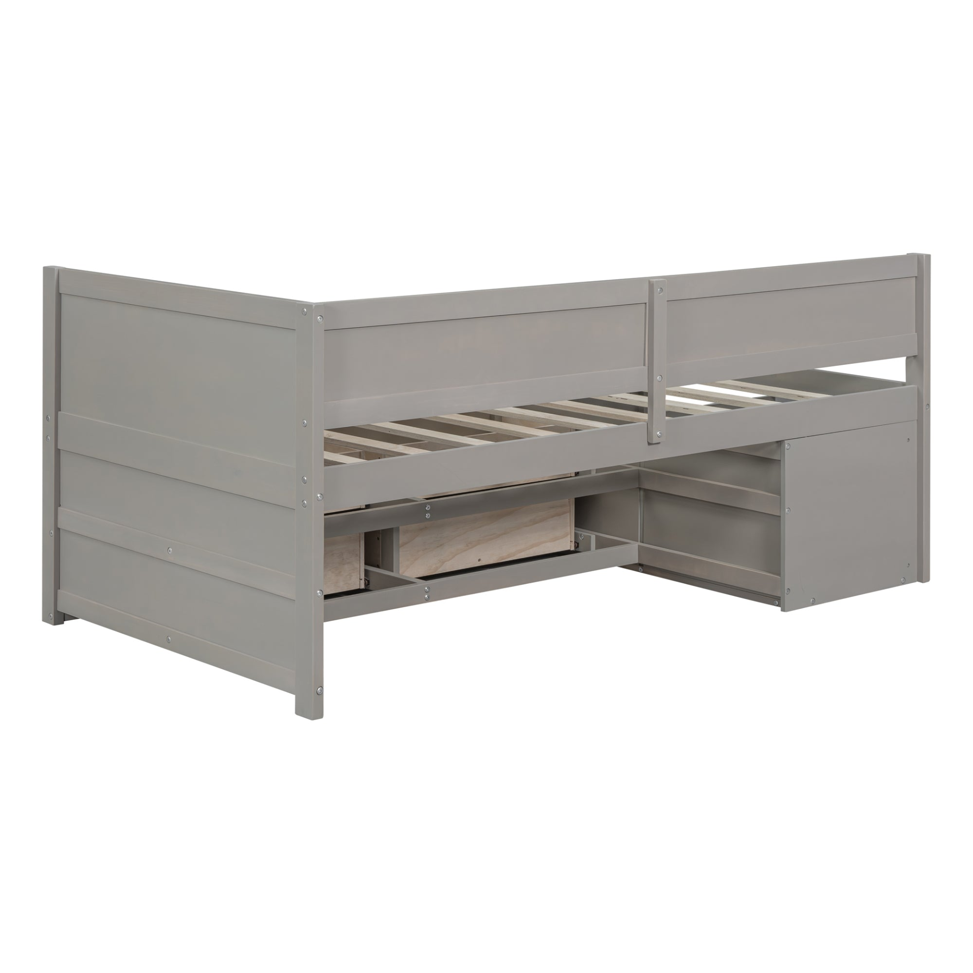Twin size Start2Finish daybed with built-in drawers, shelves, and storage, featuring a modern design and integrated shelving.