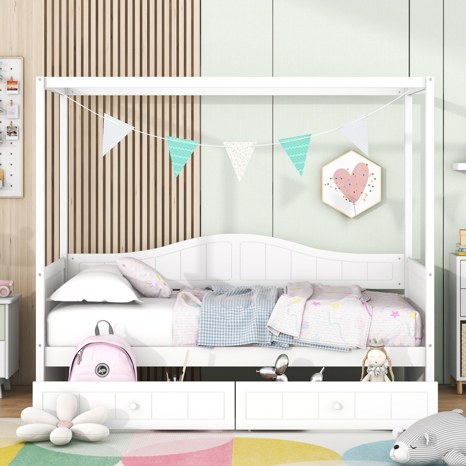 Twin size canopy day bed with storage drawers and frame, featuring a canopy for bedroom or guest room decor by Start2Finish.