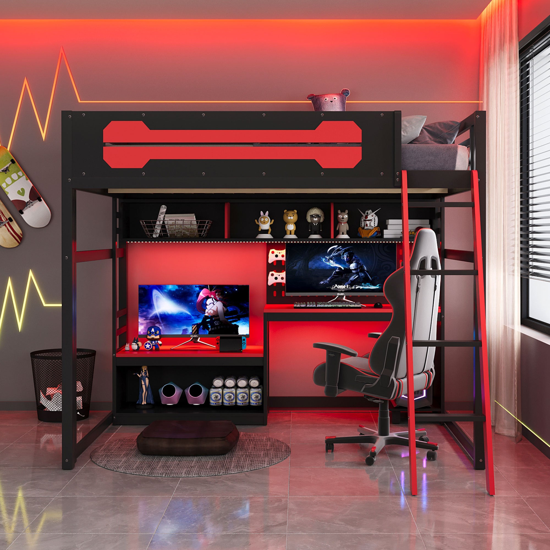 Full size wood loft bed by Start2Finish with desk, shelves, LED lights, USB ports, and pegboard in a modern bedroom setting.