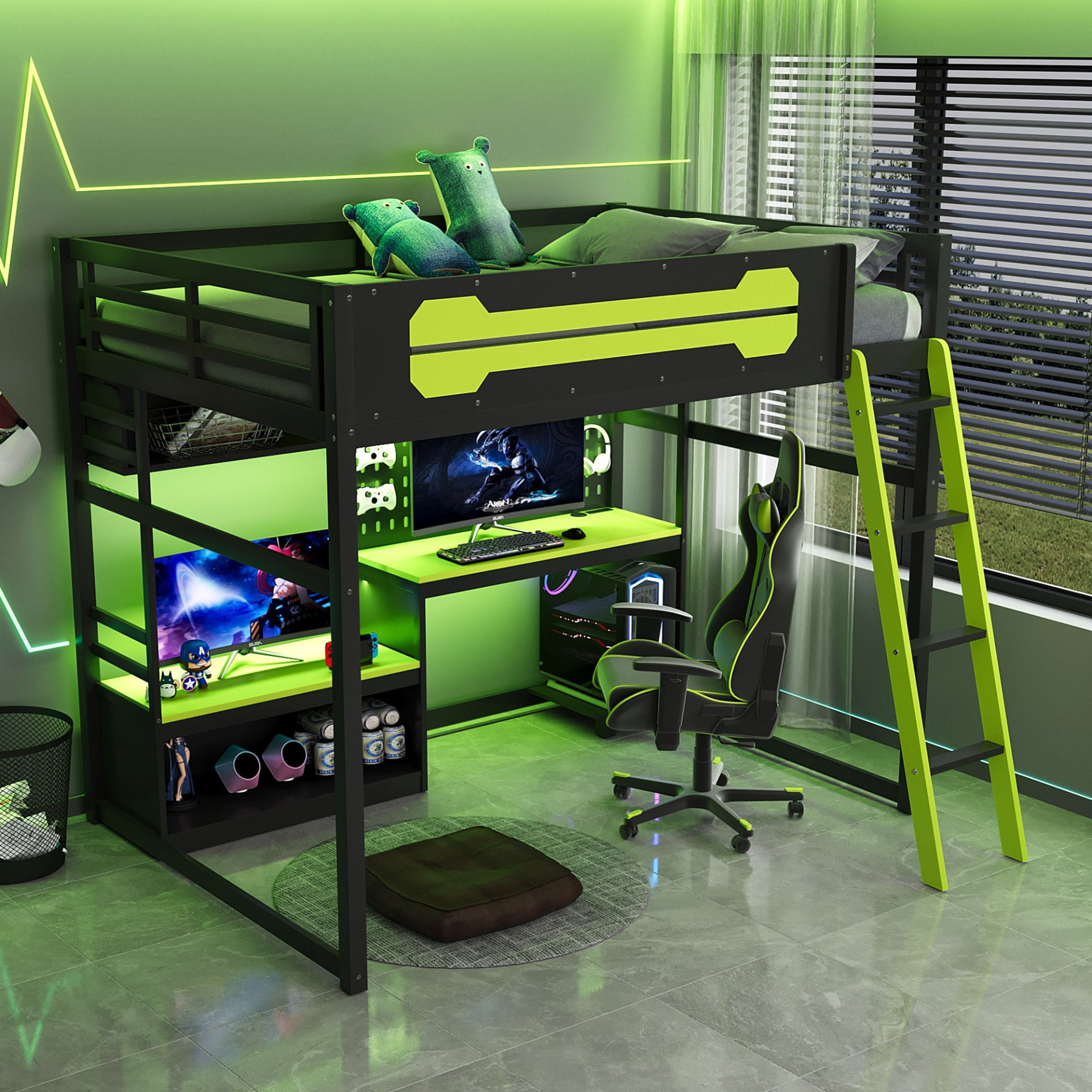 Full size wood loft bed with desk, shelves, LED lights, USB ports, and pegboard by Start2Finish