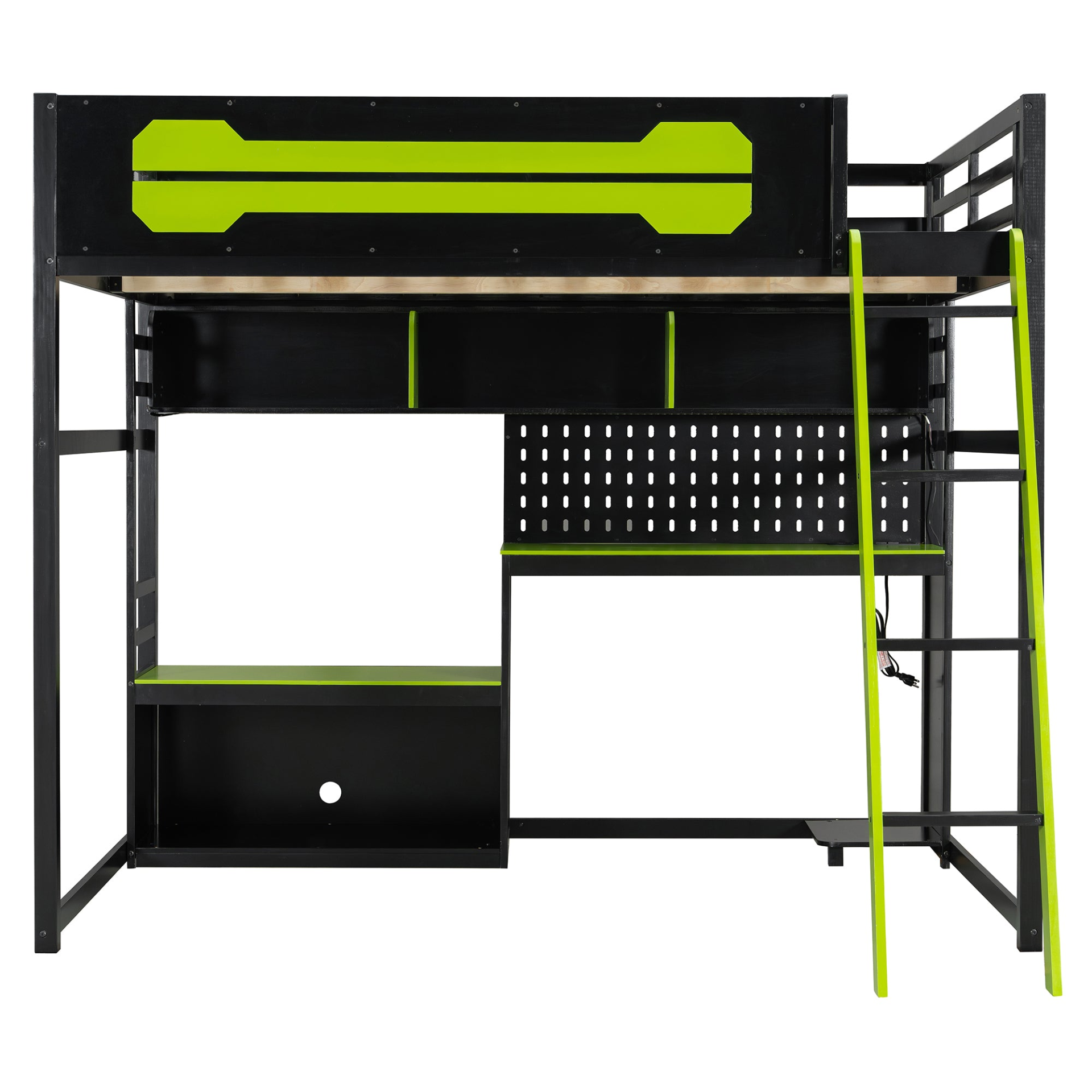 Start2Finish full size wood loft bed with desk, shelves, LED lights, USB ports, and pegboard, shown with modern design and sturdy wood frame.