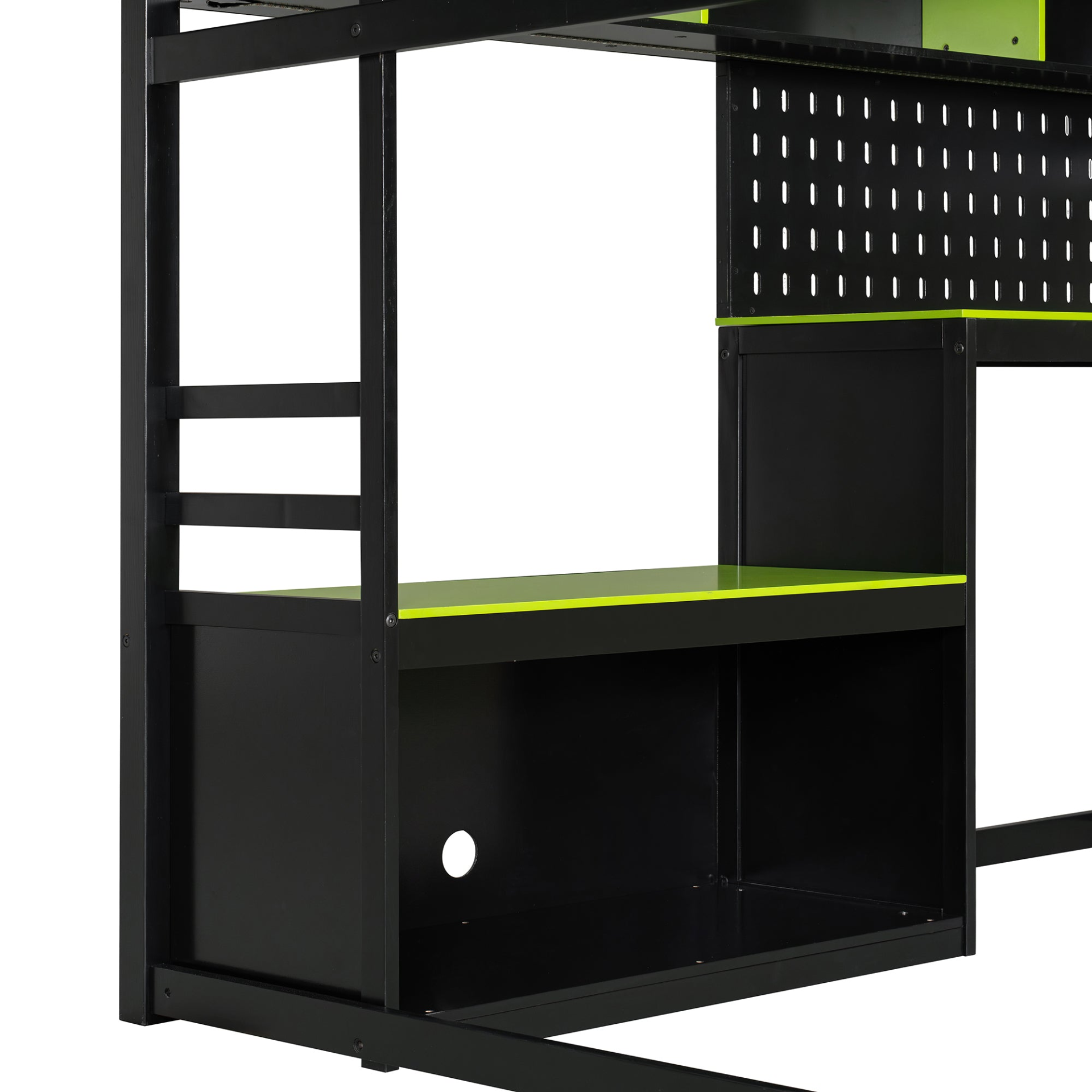 Full size wood loft bed by Start2Finish with built-in desk, shelves, LED lights, USB ports, and pegboard in a modern bedroom setup.