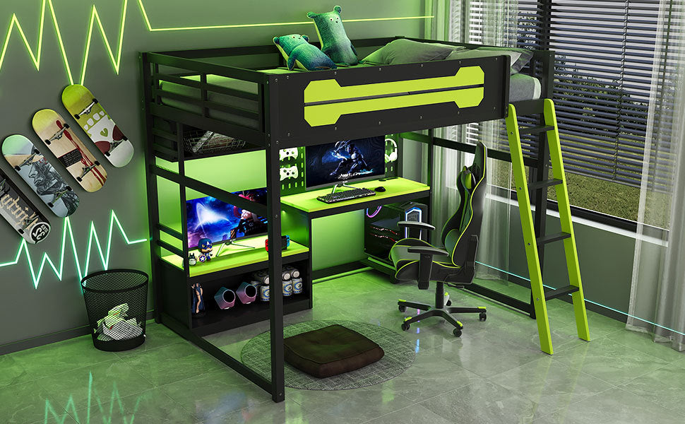 Full size wood loft bed by Start2Finish with built-in desk, shelves, LED lights, USB ports, and pegboard for functional bedroom space.