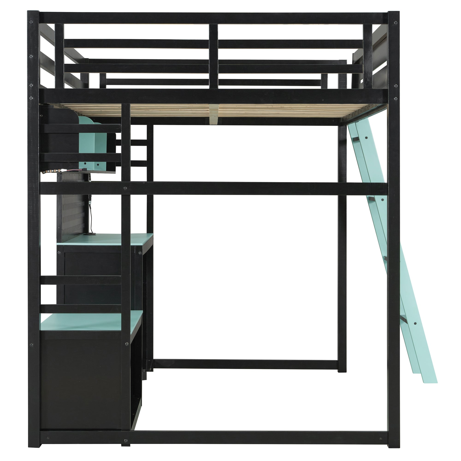 Full size wood loft bed with desk, shelves, LED lights, USB ports, and pegboard by Start2Finish, showing the multi-functional bedroom setup.