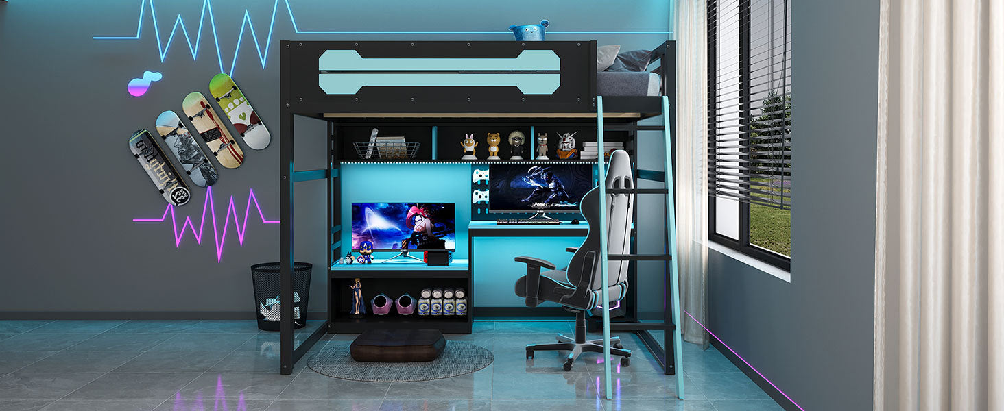 Start2Finish full size wood loft bed with integrated desk, shelves, LED lights, USB ports, and pegboard in a modern bedroom setting.
