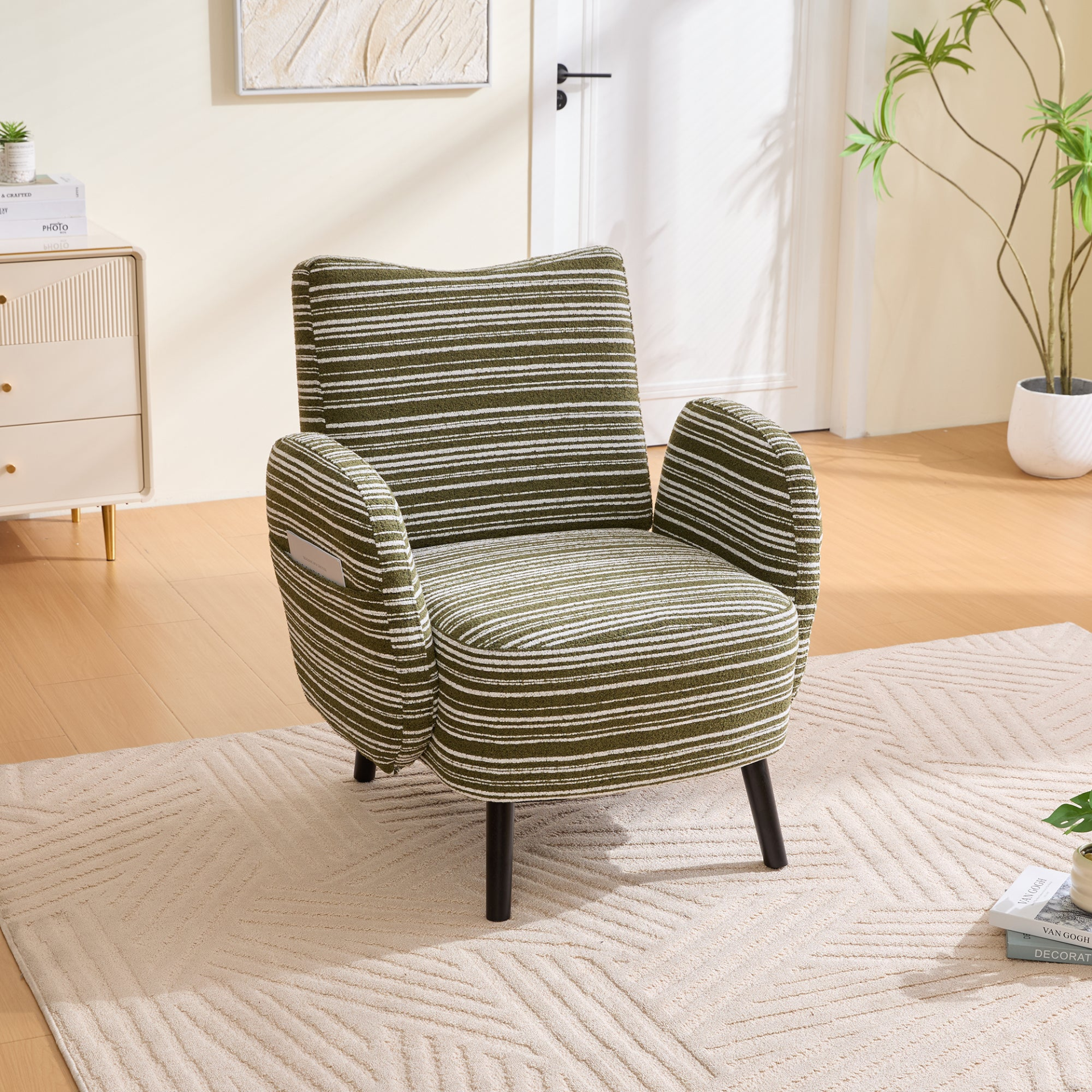 Modern armchair with sanded fabric, solid wood legs, and side storage pocket, featuring a stylish and comfortable design.