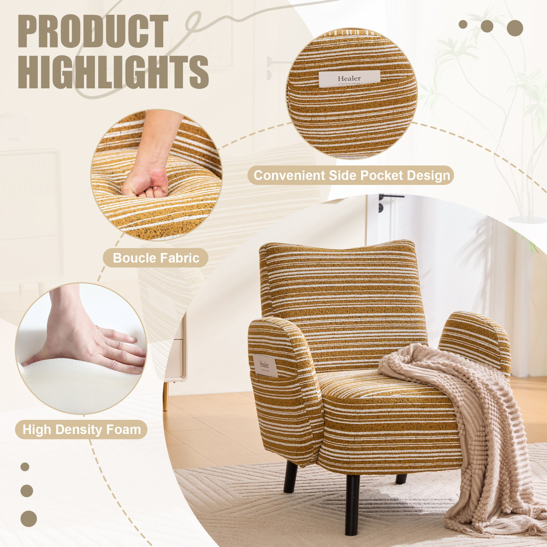 Modern armchair by Start2Finish with sanded fabric, solid wood legs, and a side storage pocket, shown in a contemporary living room setting.