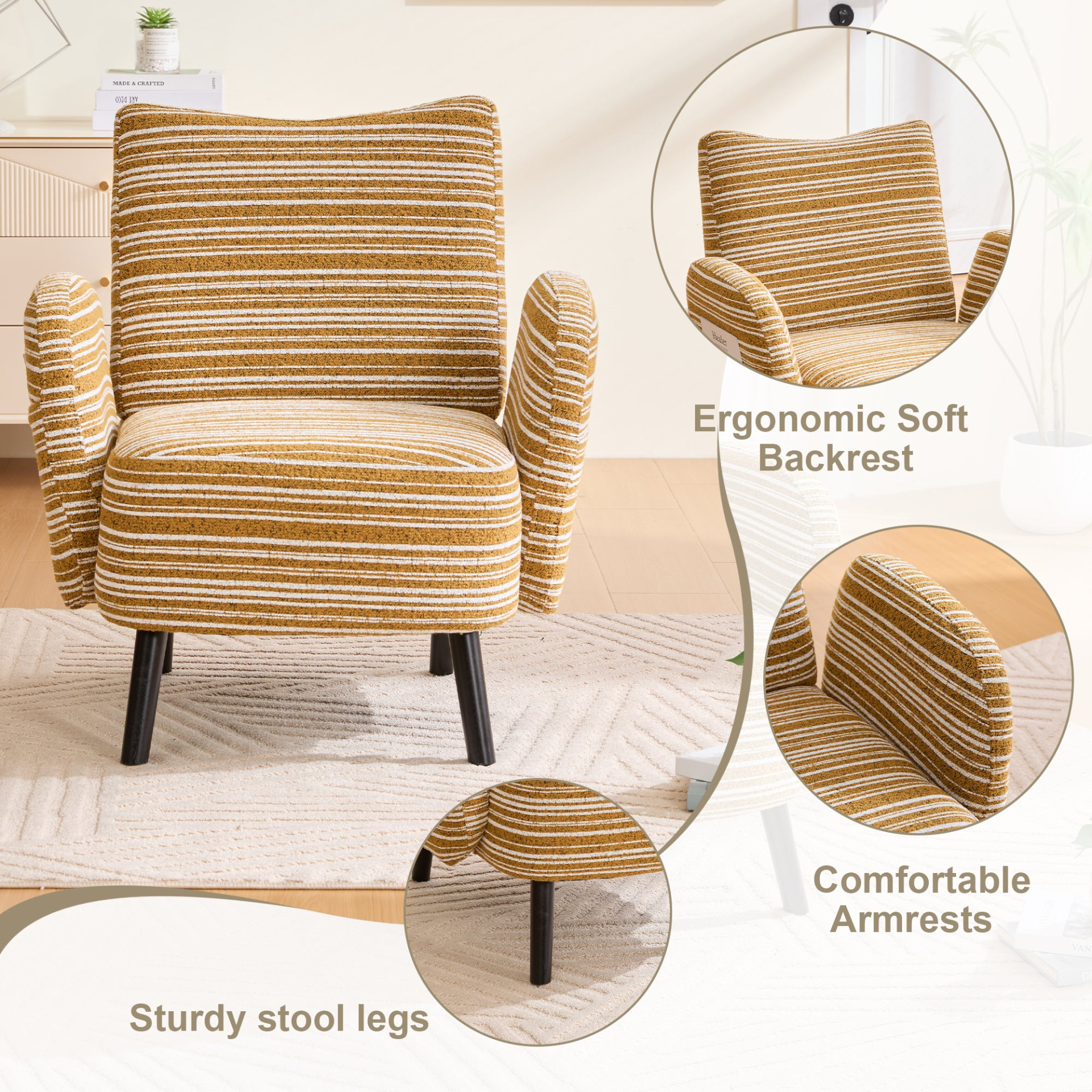 Modern armchair by Start2Finish with sanded fabric, side storage pocket, and solid wood legs in a stylish living room setting.