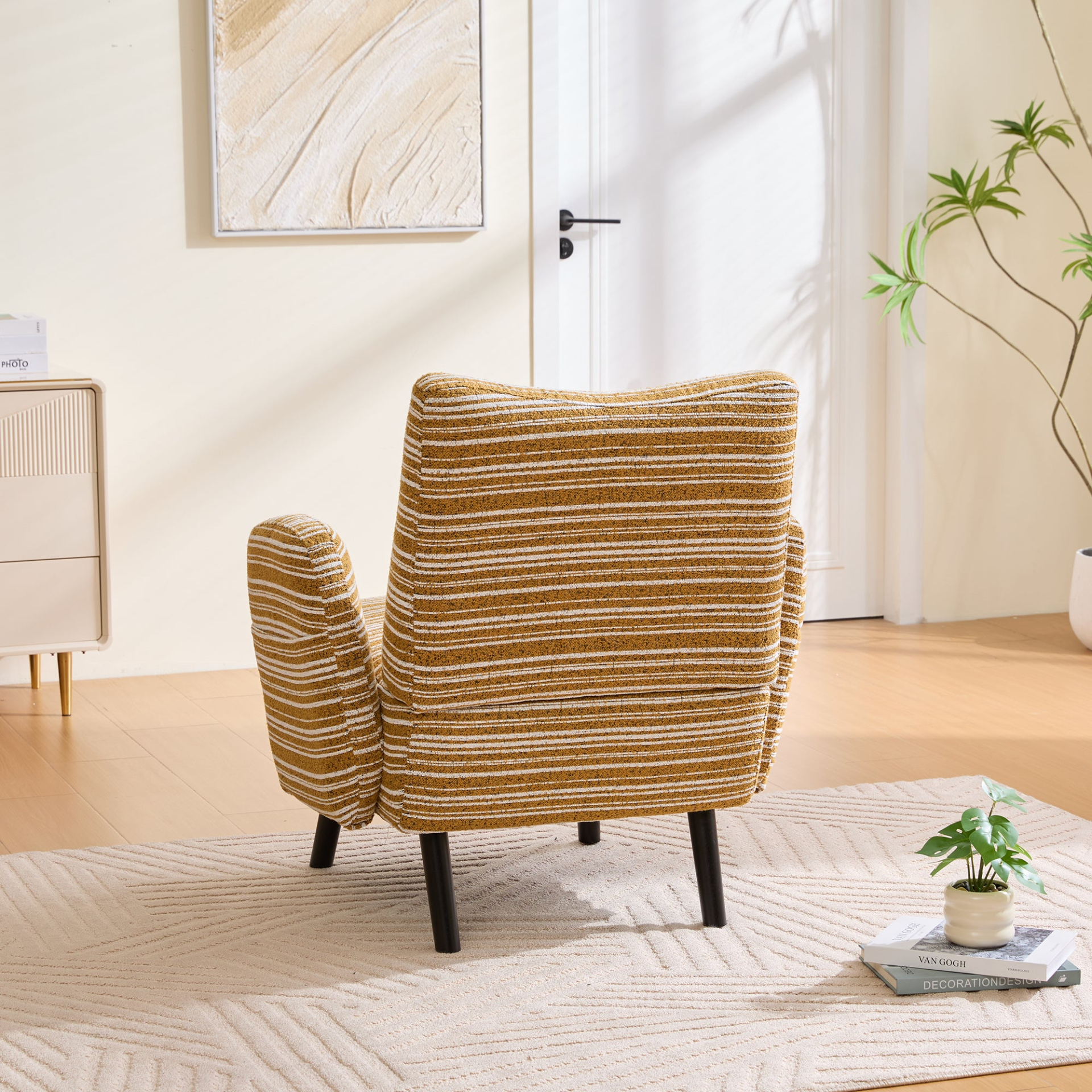Modern Start2Finish armchair with sanded fabric, side storage pocket, and solid wood legs, showcasing a stylish and comfortable design.