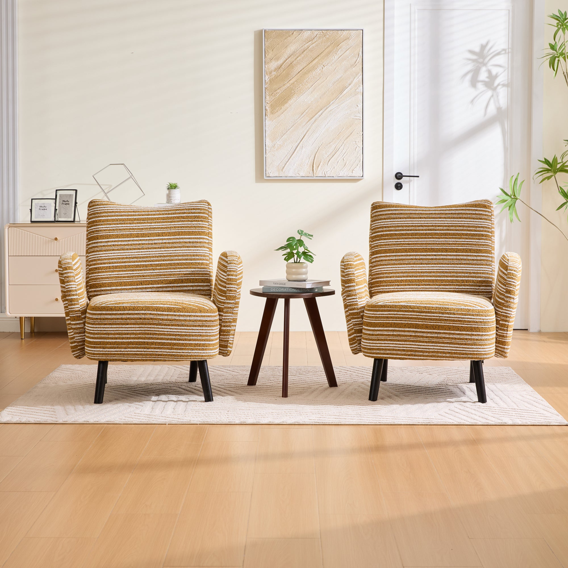 Modern armchair with sanded fabric, side storage pocket, and solid wood legs from Start2Finish, shown in a stylish living room setting.