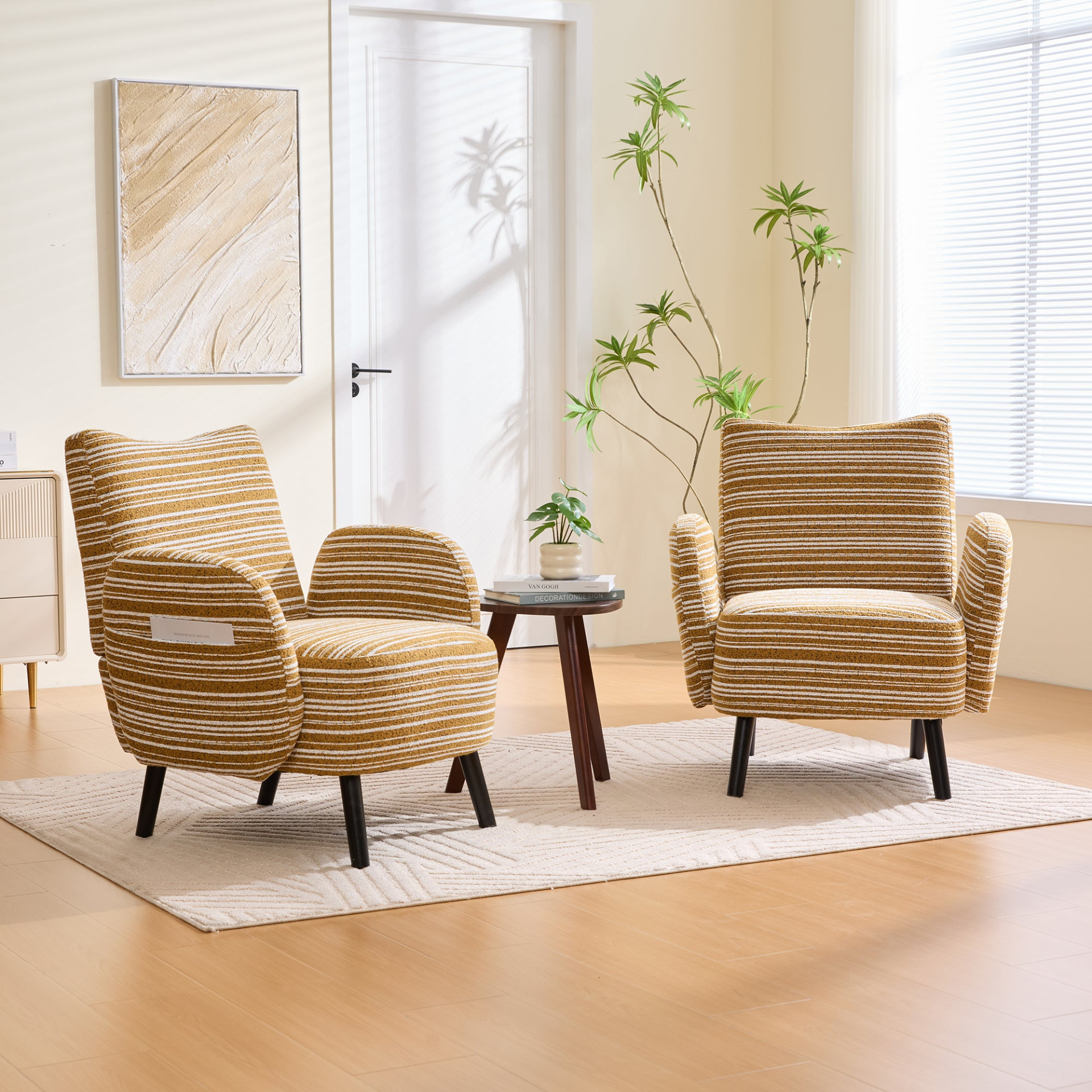 Modern armchair with sanded fabric, solid wood legs, and side storage pocket, designed by Start2Finish.