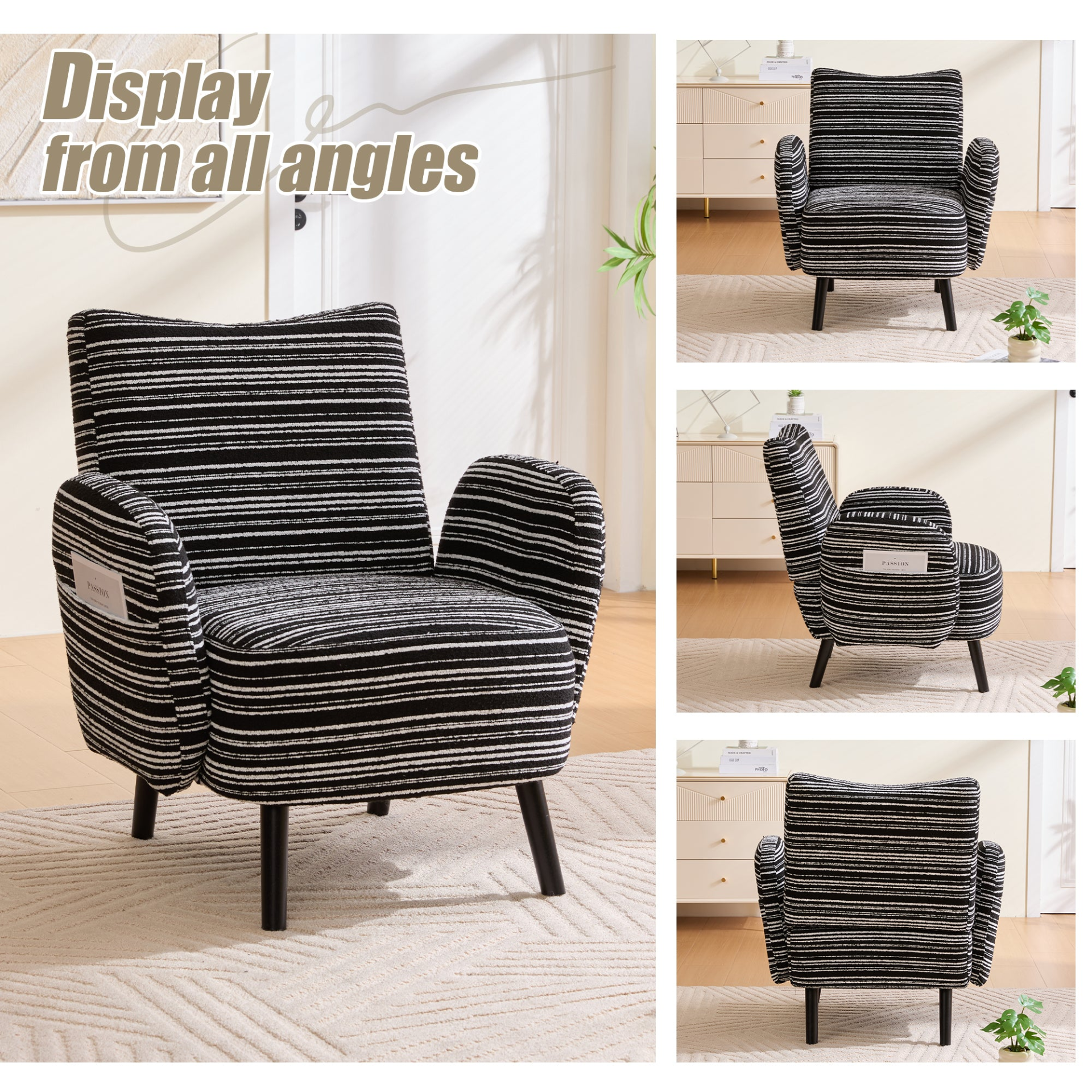 Modern armchair by Start2Finish with sanded fabric, solid wood legs, and a side storage pocket for stylish comfort.