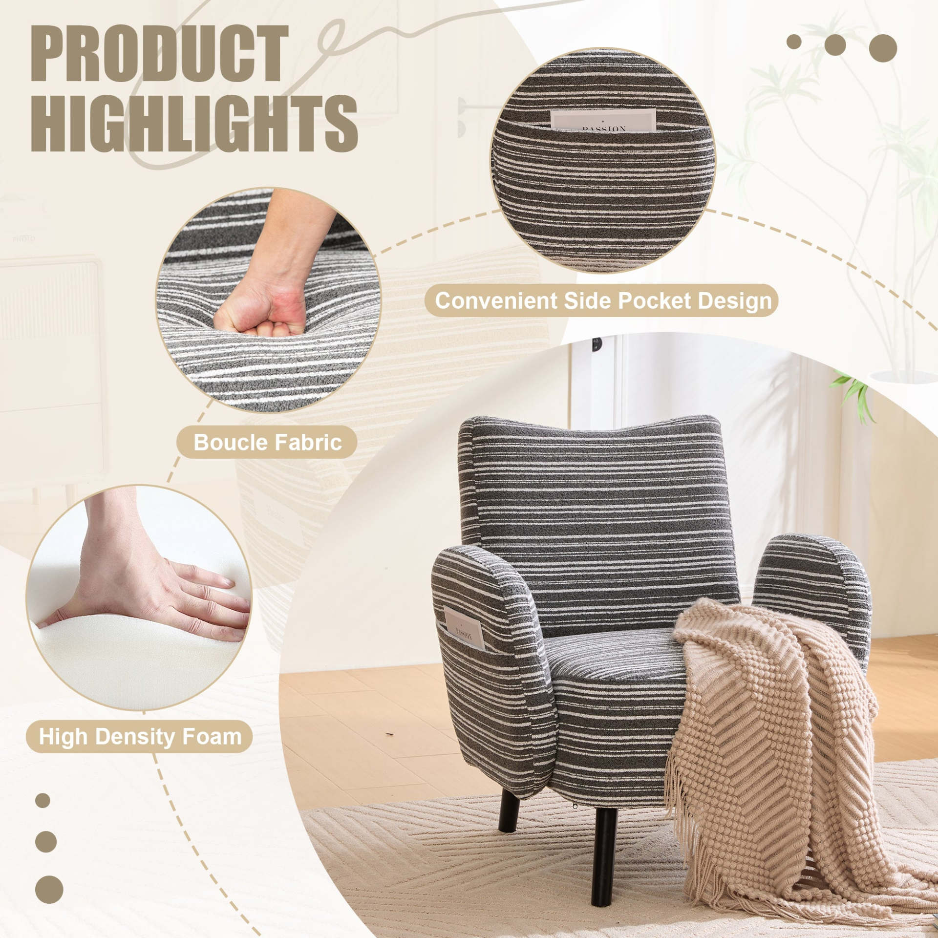 Modern armchair by Start2Finish with sanded fabric, side storage pocket, and solid wood legs, shown from a front angle.