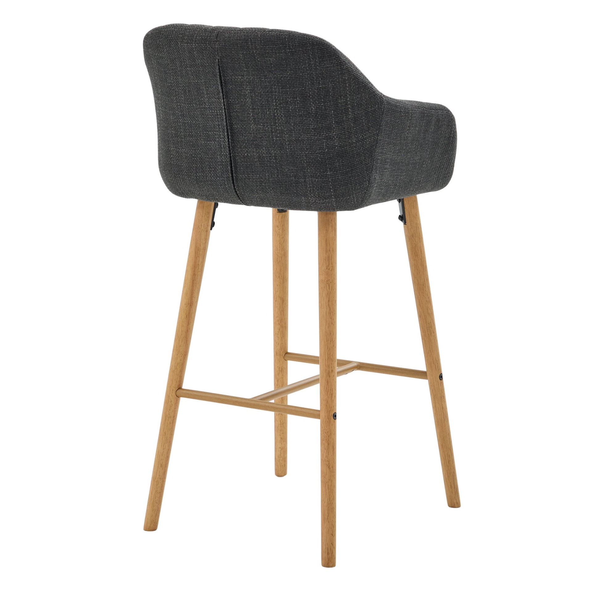 Modern linen upholstered bar stool with back, armrests, footrest, and solid wood legs, designed by Start2Finish furniture.