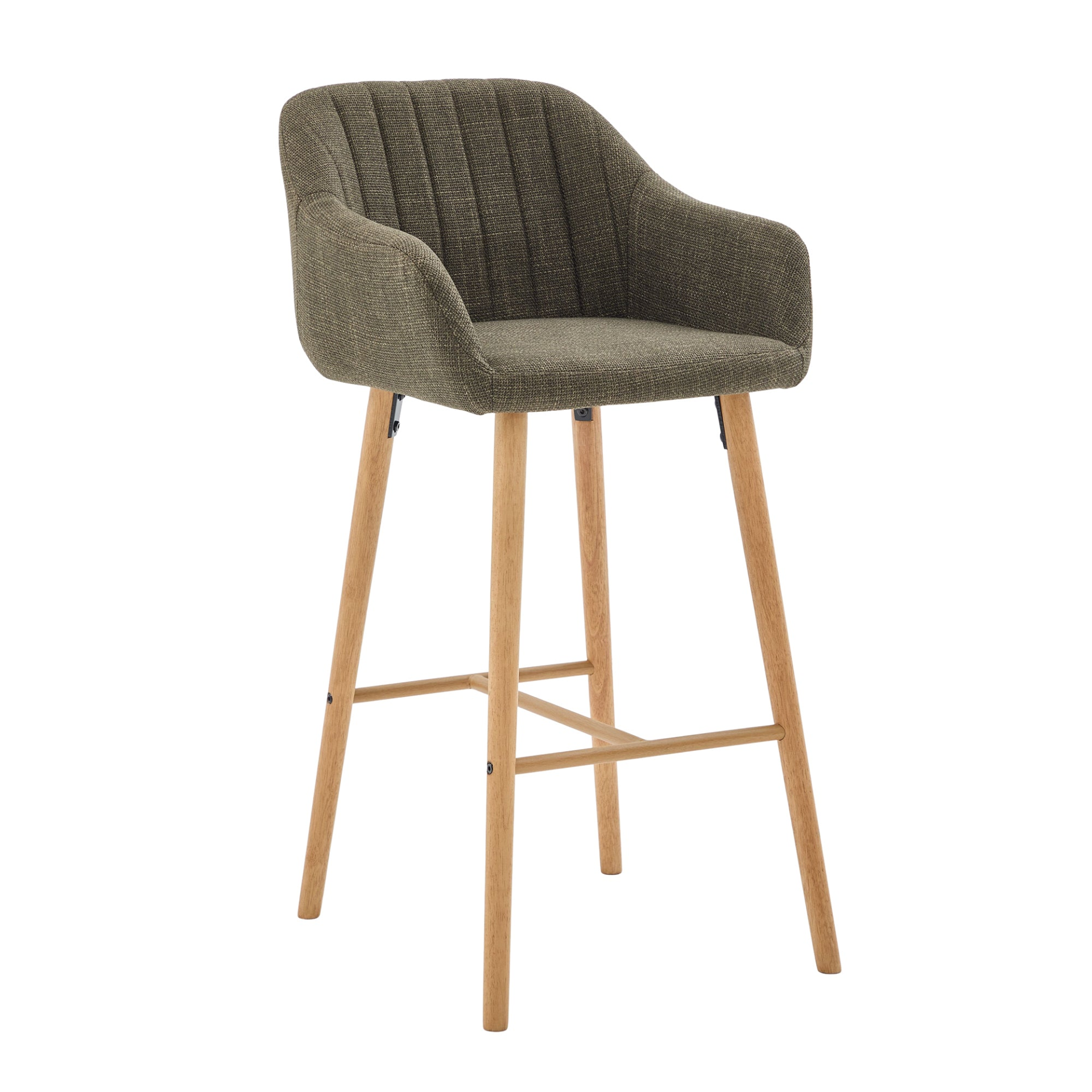 Modern linen upholstered bar stool with backrest, armrests, footrest, and solid wood legs, designed for stylish furniture decor.