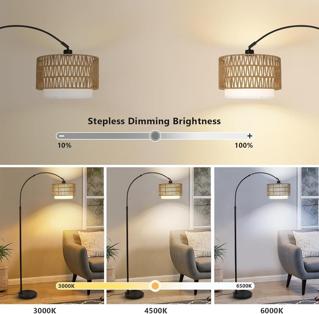 Modern LED arc floor lamp by Start2Finish with dimmable feature, featuring rattan and linen shades for stylish lighting.