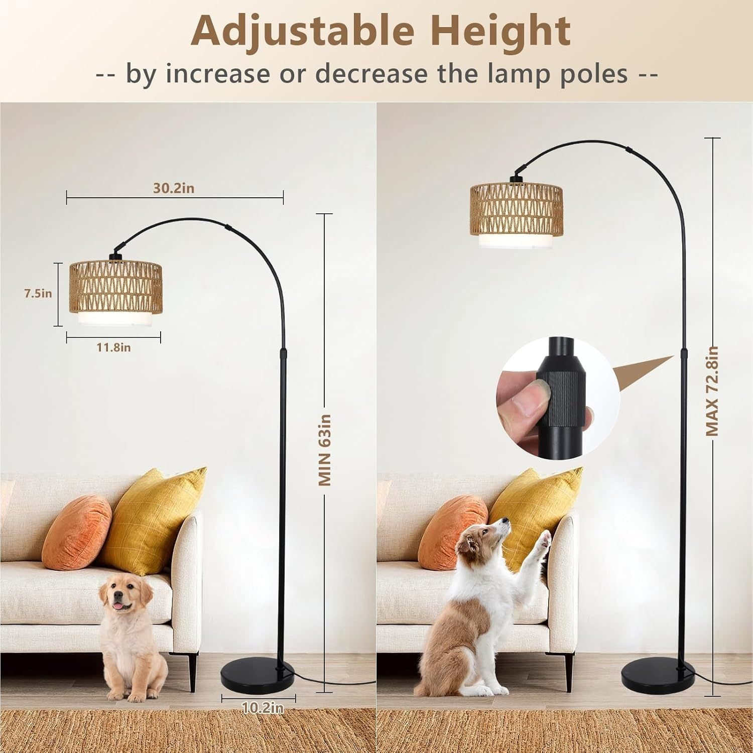 Modern Start2Finish LED arc floor lamp with rattan and linen shades, featuring a sleek standing design and dimmable lighting.
