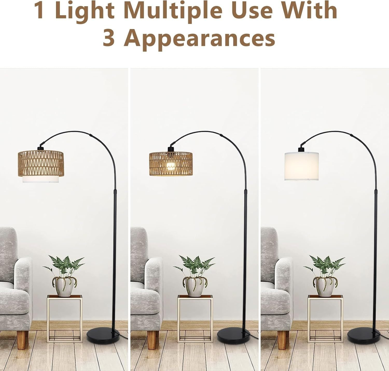 Modern LED arc floor lamp by Start2Finish with rattan and linen shades, featuring a sleek curved stand and adjustable dimmable lighting.