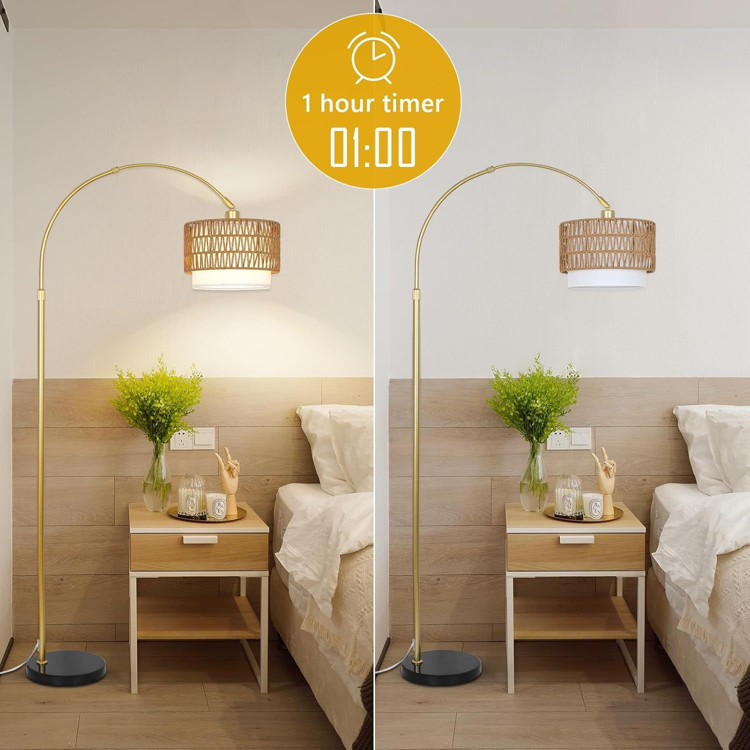 Modern Start2Finish arc floor lamp with LED, dimmable, featuring rattan and linen shades, standing tall in contemporary living space.