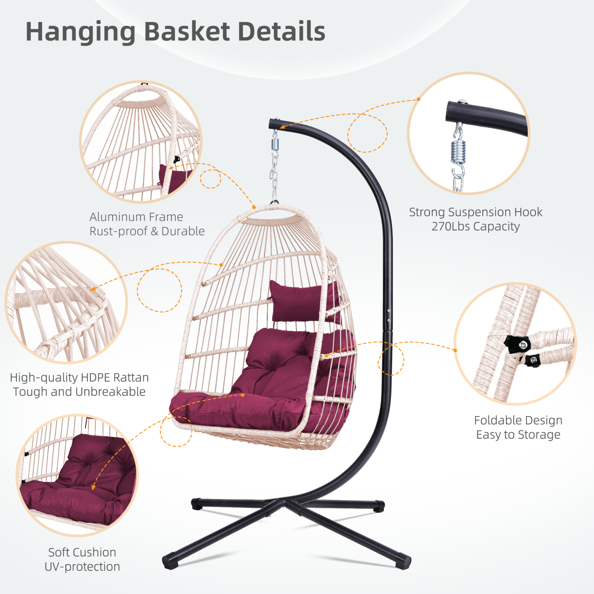 Outdoor hanging egg chair with stand, wicker rattan swing, and cushion, ideal for patio furniture by Start2Finish.
