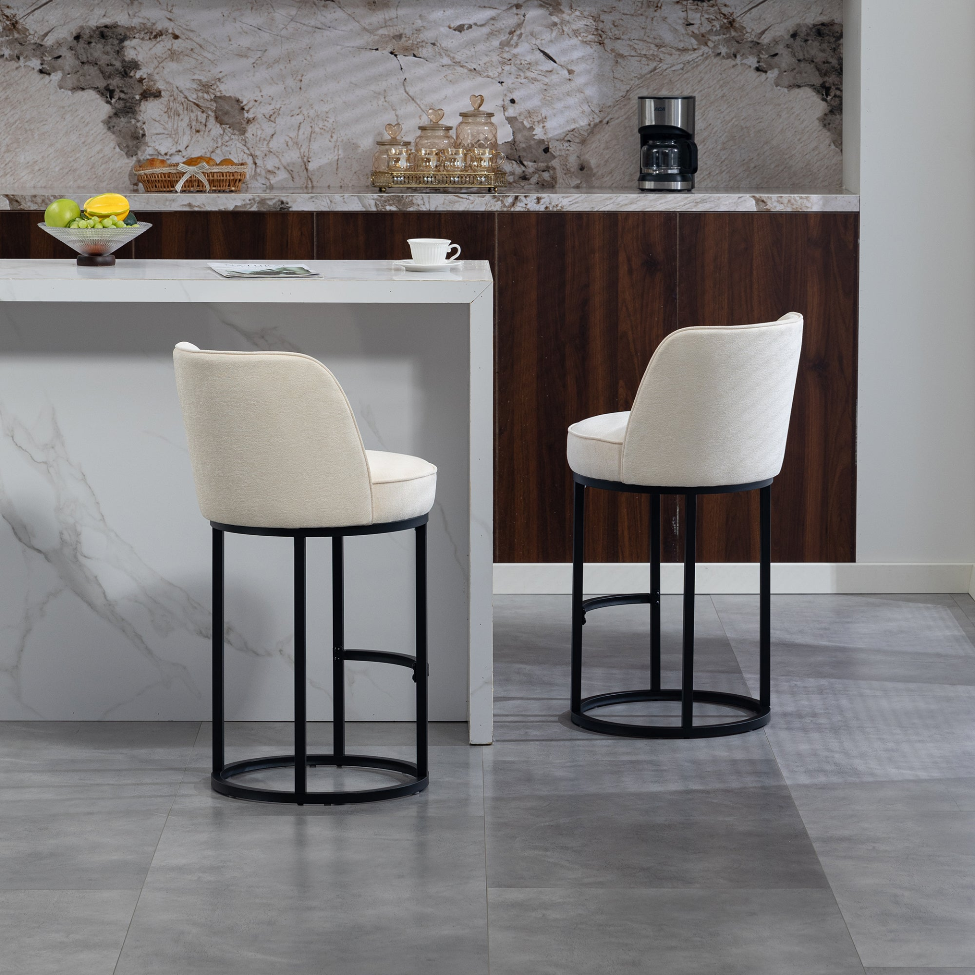 Start2Finish modern barrel upholstered accent bar stool with backrest, stylish home seating furniture, featuring a sleek design and plush upholstery.