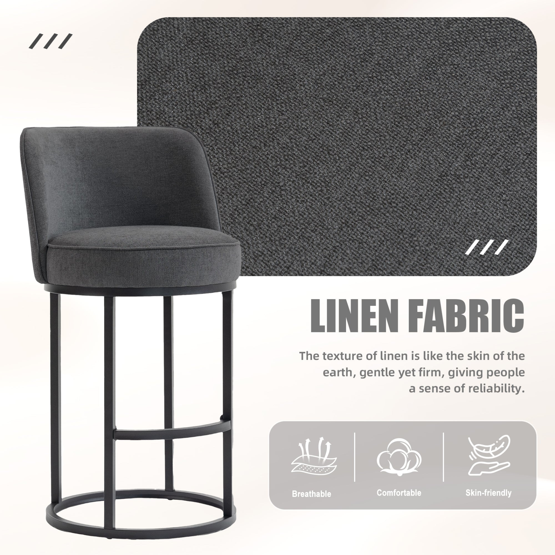 Modern barrel upholstered accent bar stool with backrest, featuring stylish design and cushioned seat for comfortable home seating.