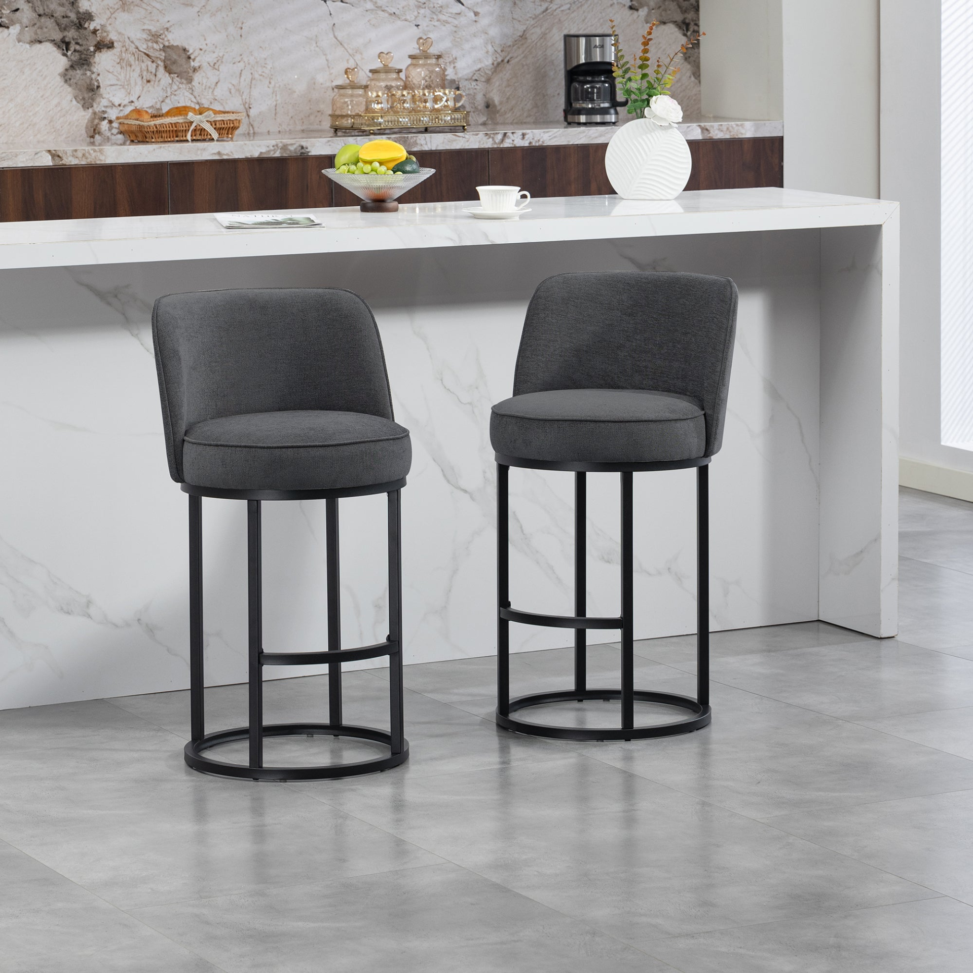 Modern Start2Finish upholstered barrel accent bar stools with backrests, stylish home seating furniture, showing plush fabric and wooden legs.