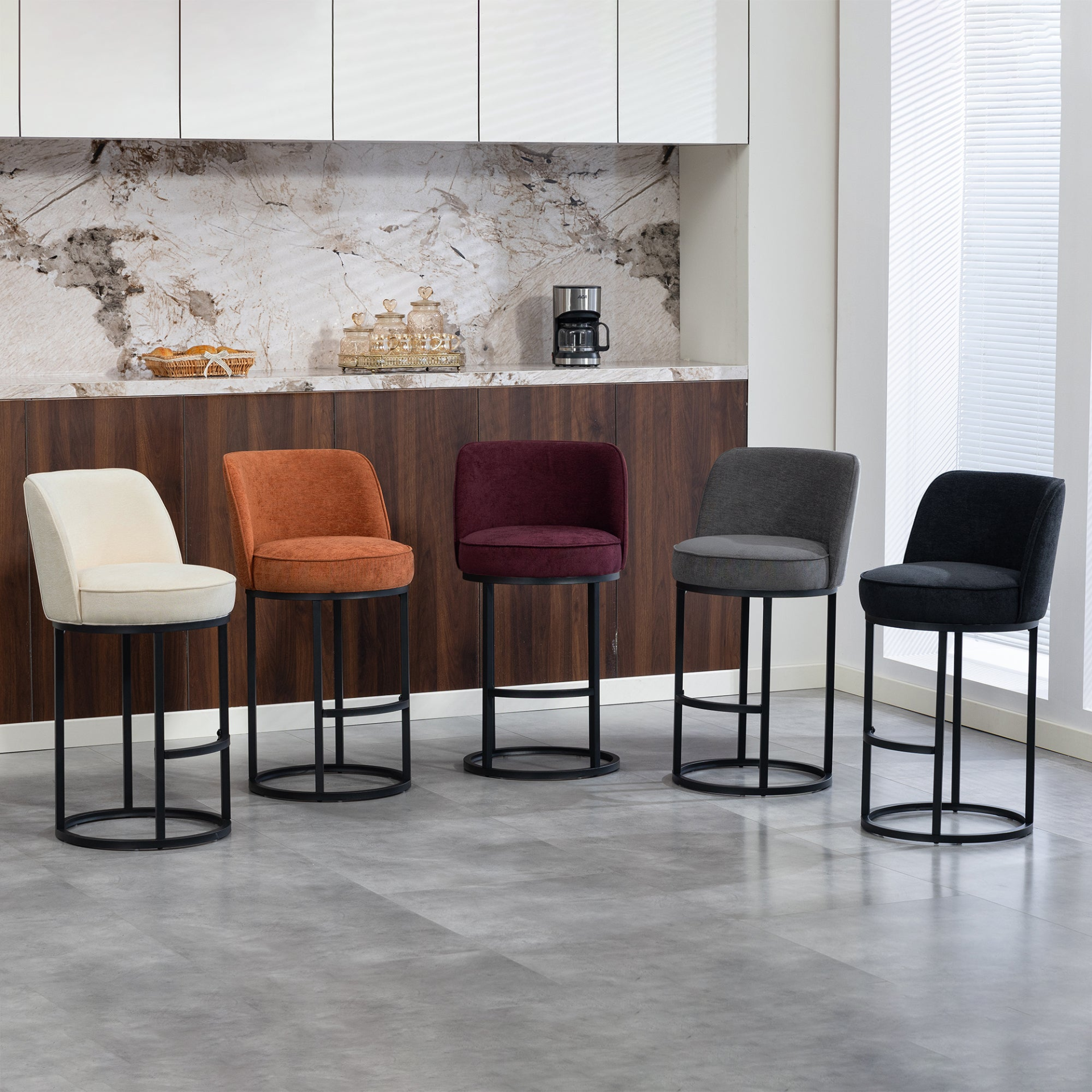 Start2Finish modern barrel upholstered accent bar stools with backrests, stylish home seating furniture in a sleek design