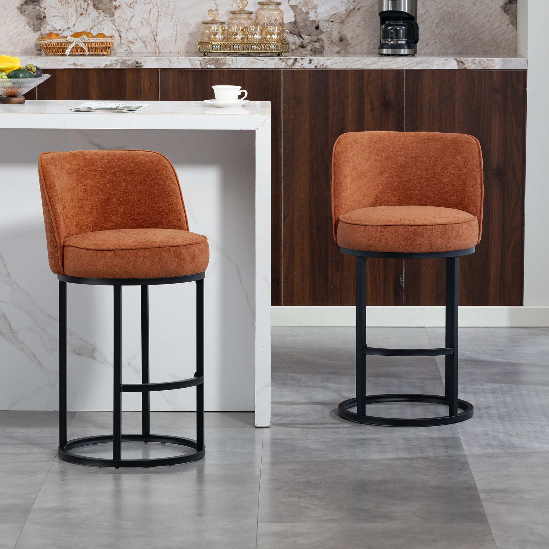 Pair of modern barrel upholstered accent bar stools with backrests, stylish home seating from Start2Finish.