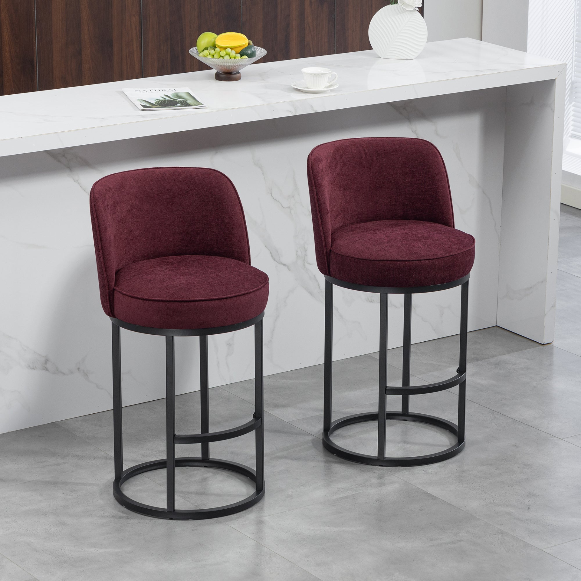 Modern barrel upholstered accent bar stools with backrests, stylish home seating by Start2Finish, featuring plush fabric and sleek design.