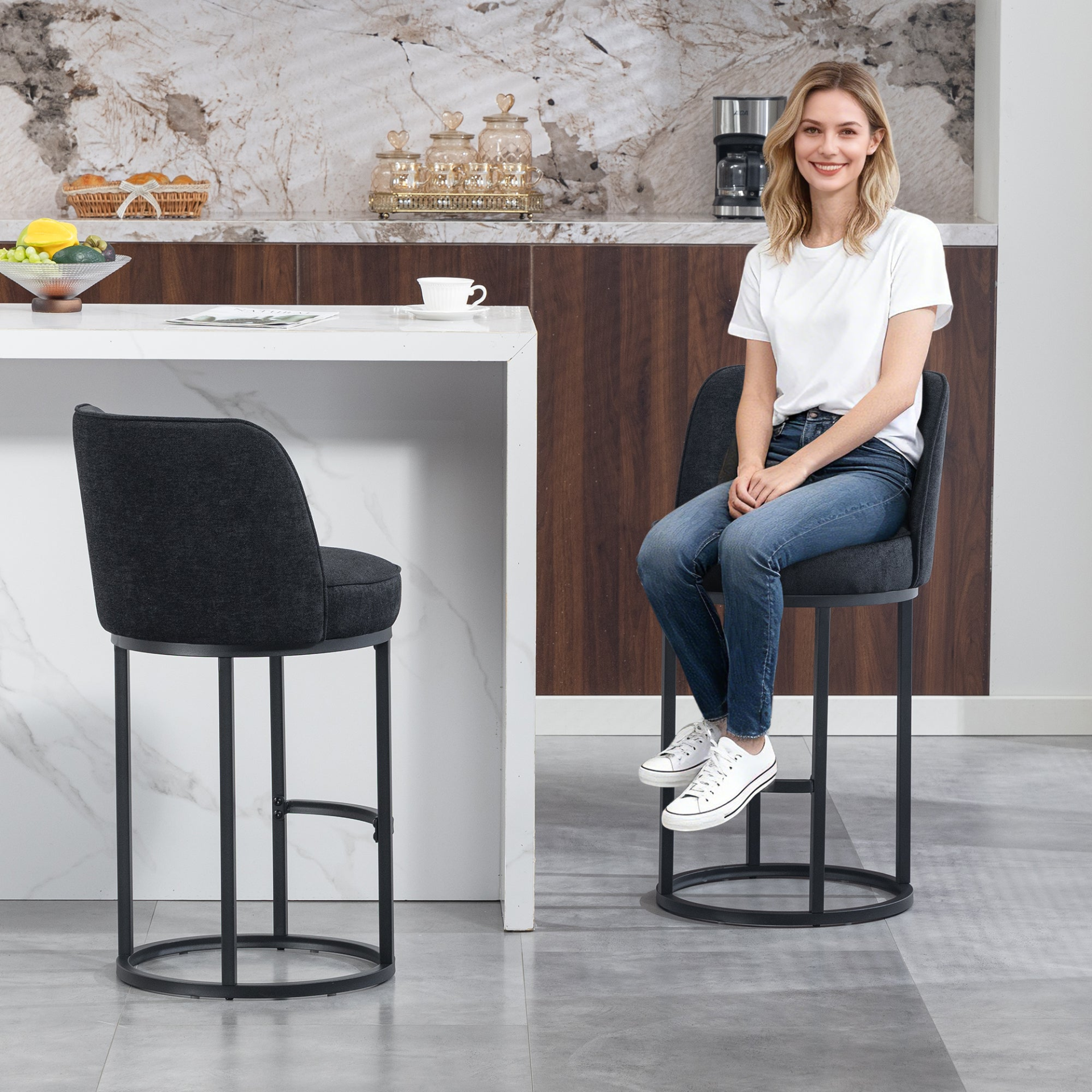 Modern barrel upholstered accent bar stool with backrest by Start2Finish, featuring stylish home seating and contemporary design.