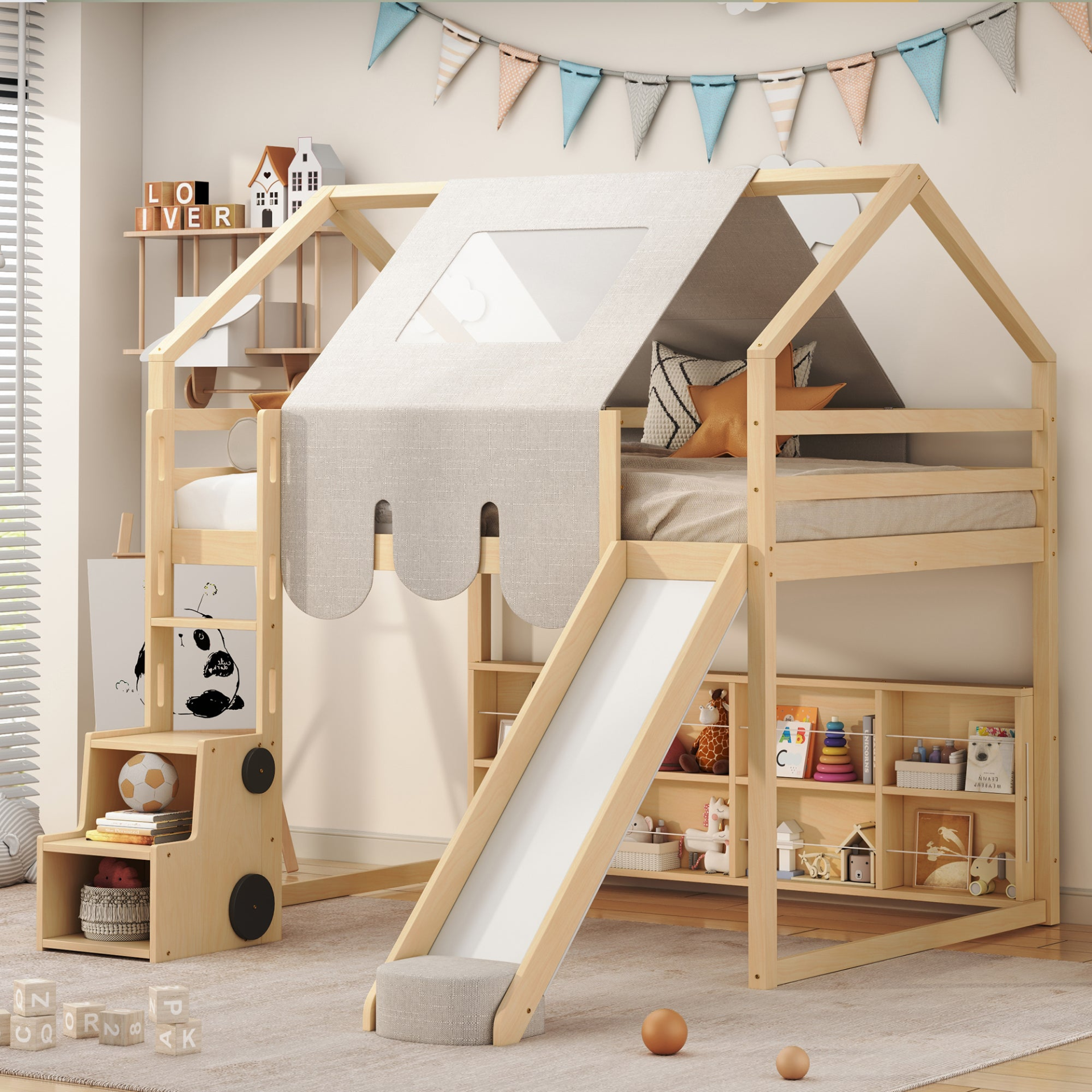 Wooden loft bed with house-shaped frame and playful tent for kids&