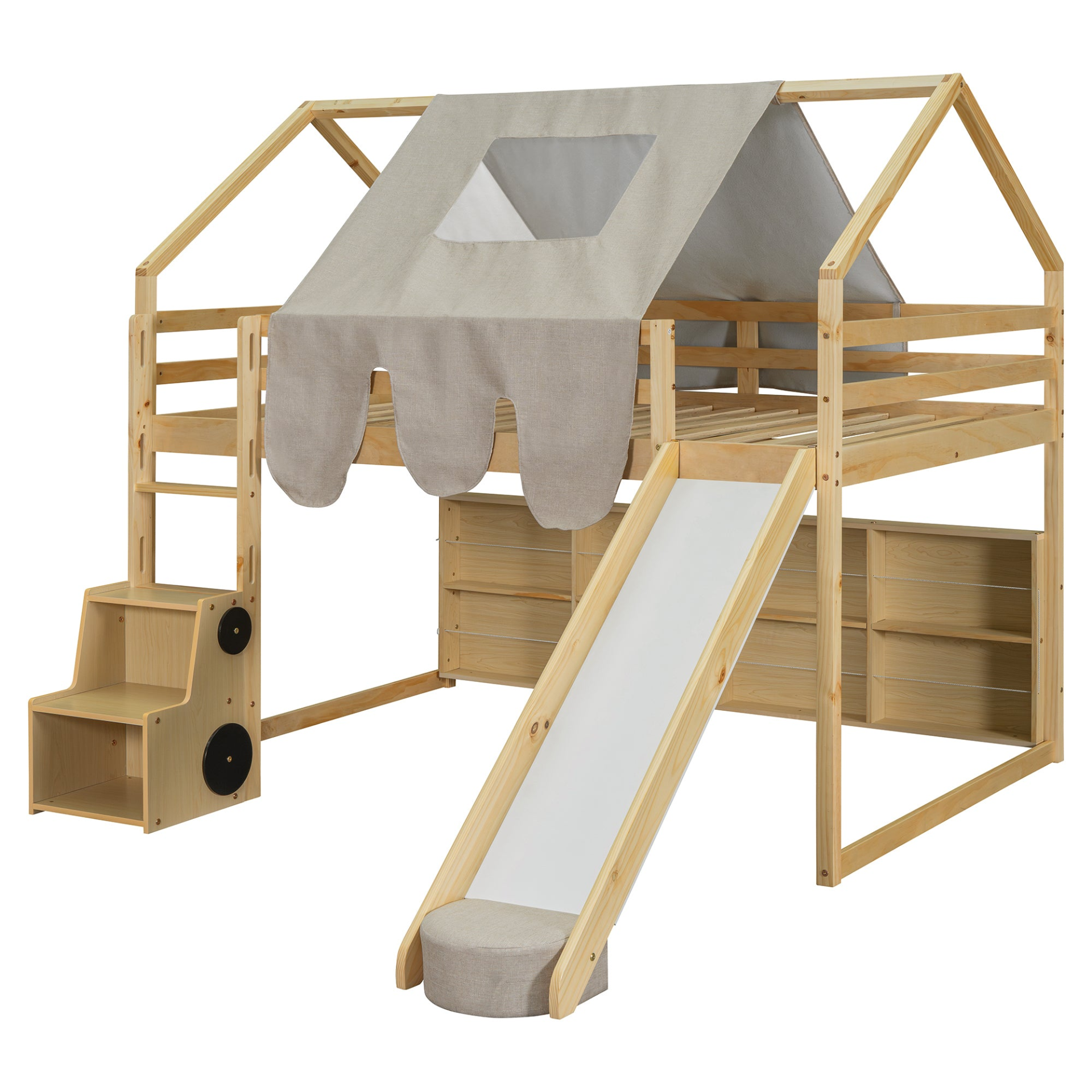 Start2Finish wooden loft bed with house-shaped frame and play tent for kids&