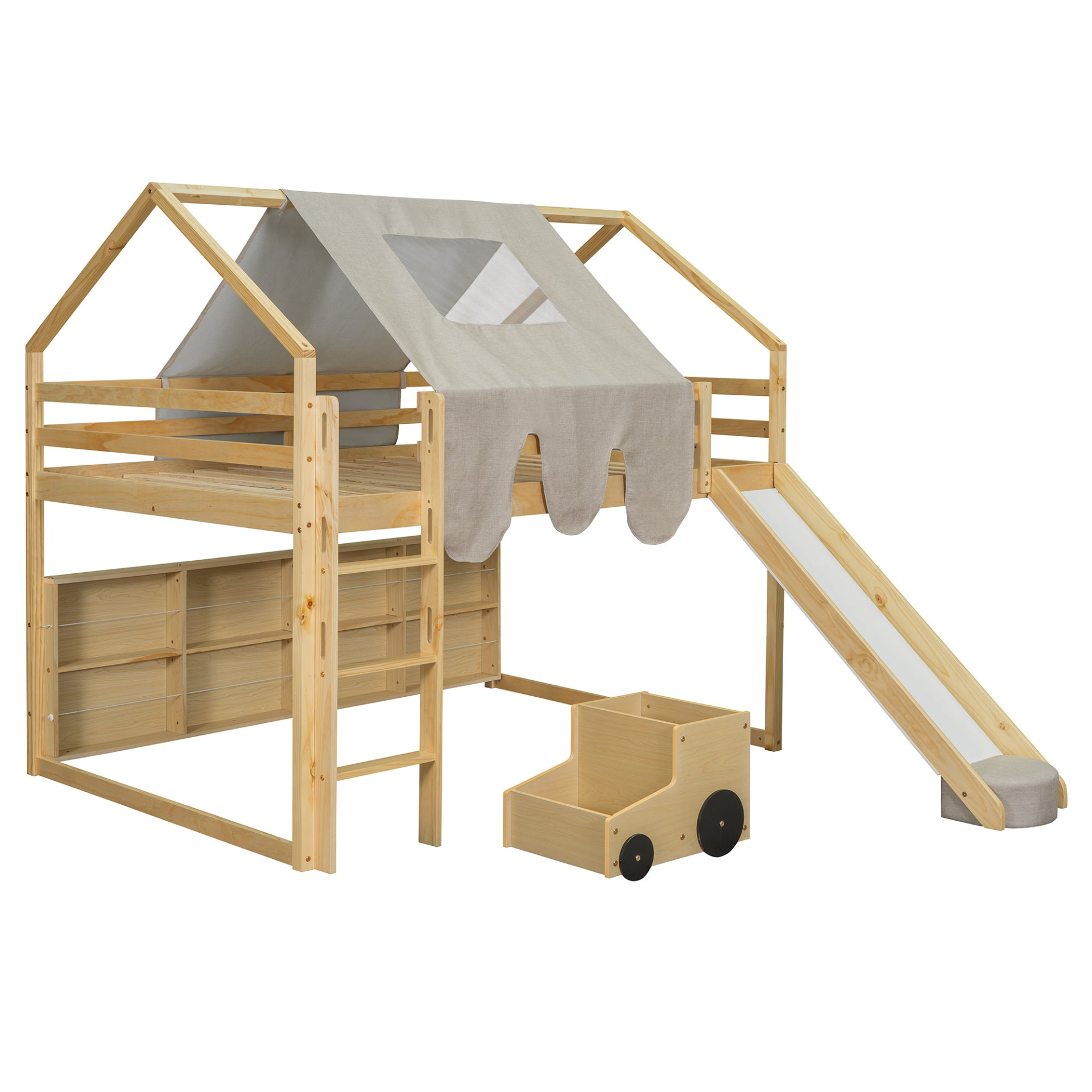 Wooden loft bed with house-shaped frame and play tent for kids&