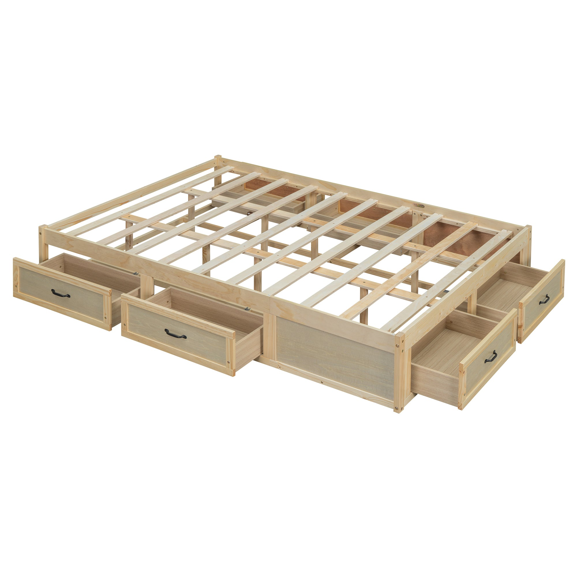 Start2Finish platform bed with antique-inspired design and built-in storage drawers for space-saving bedroom organization.