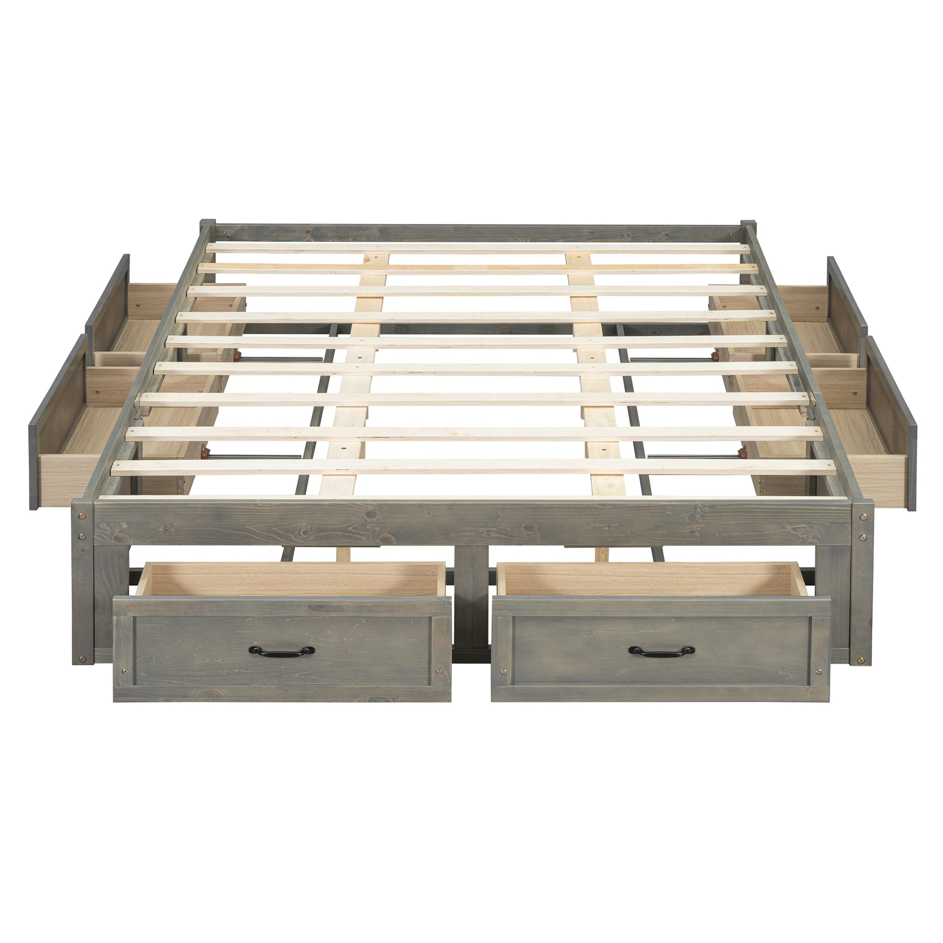 Start2Finish platform bed with antique-inspired design and built-in storage drawers, showcasing a stylish and functional bedroom furniture piece.