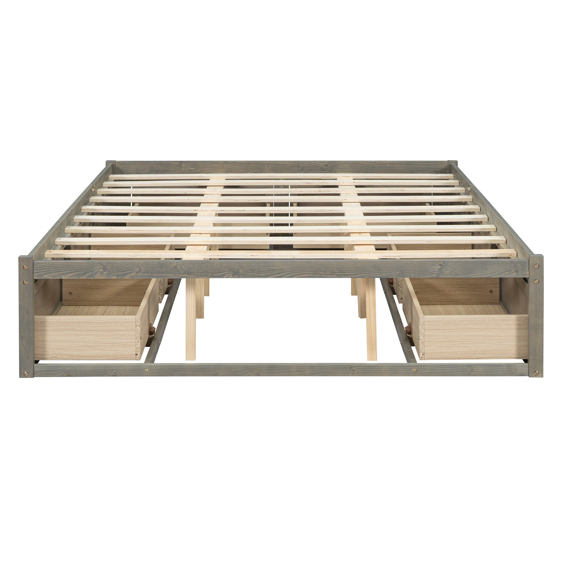 Start2Finish platform bed with antique-inspired design and built-in storage drawers, showcasing a sleek, stylish bedroom furniture piece.